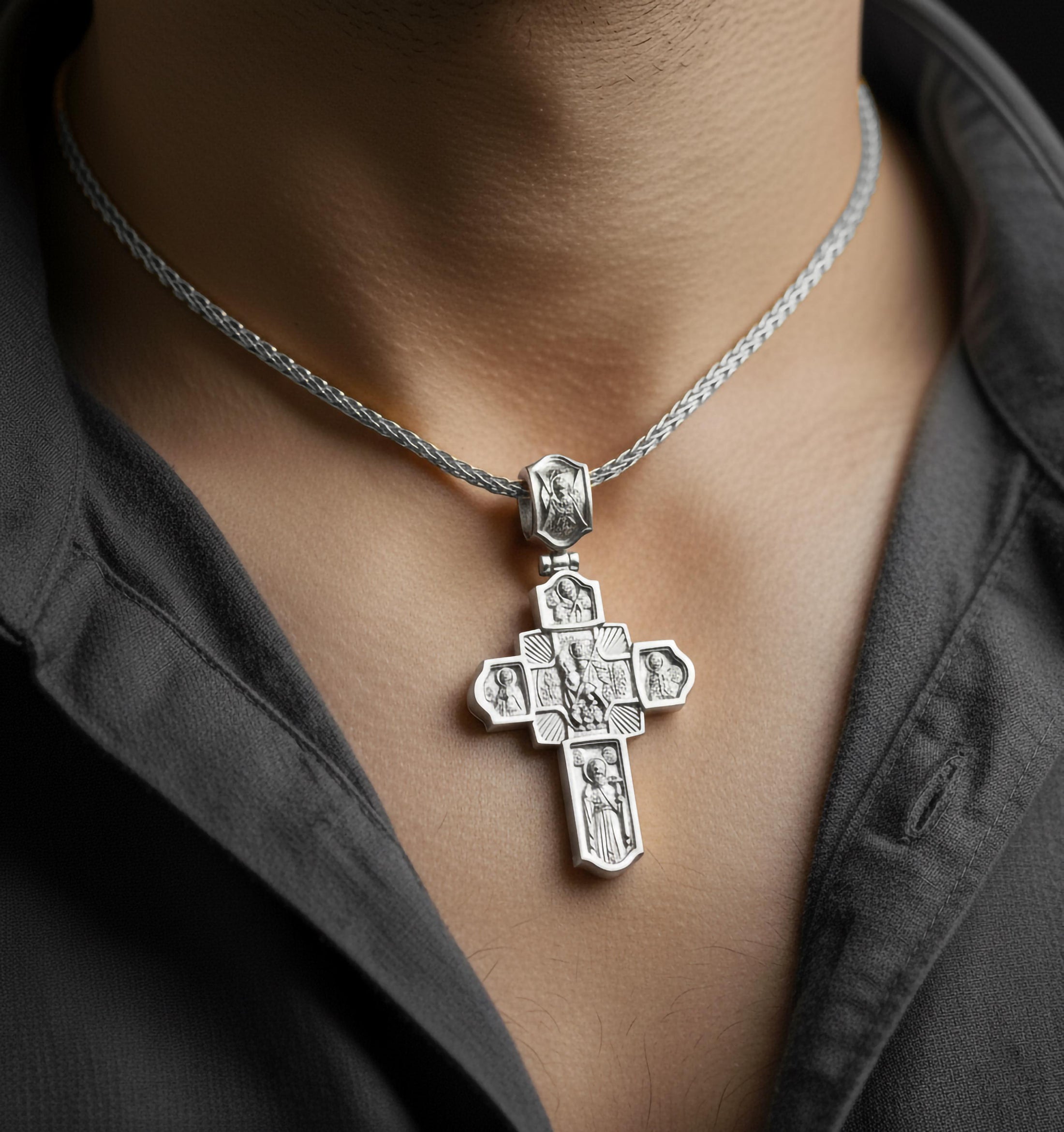 Orthodox Cross Pendant – 925 Sterling Silver Jesus and Archangel Necklace, Christian Faith Jewelry for Men