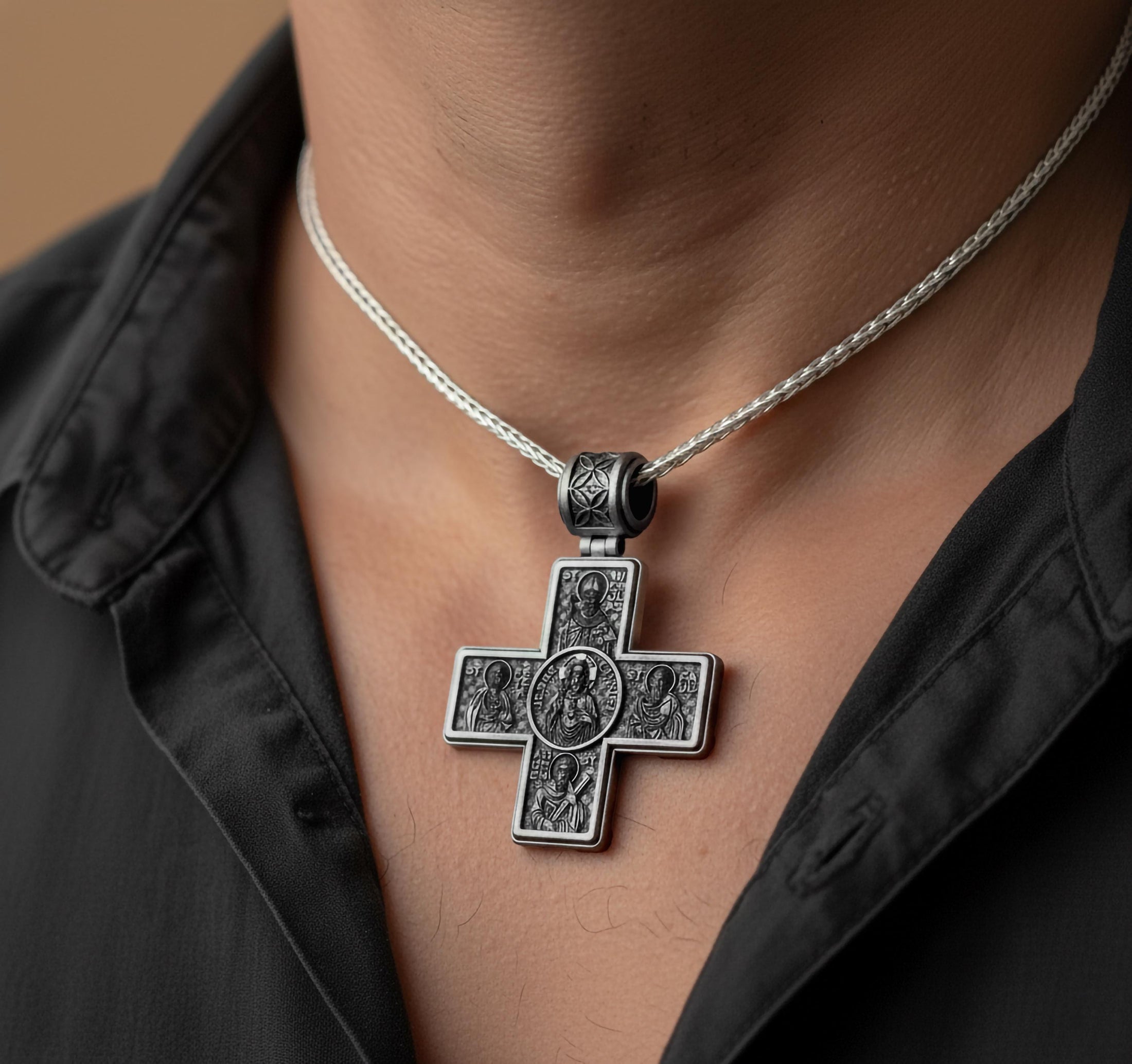Byzantine Cross Pendant – 925 Silver Jesus and Virgin Mary Necklace, Orthodox Christian Faith Jewelry