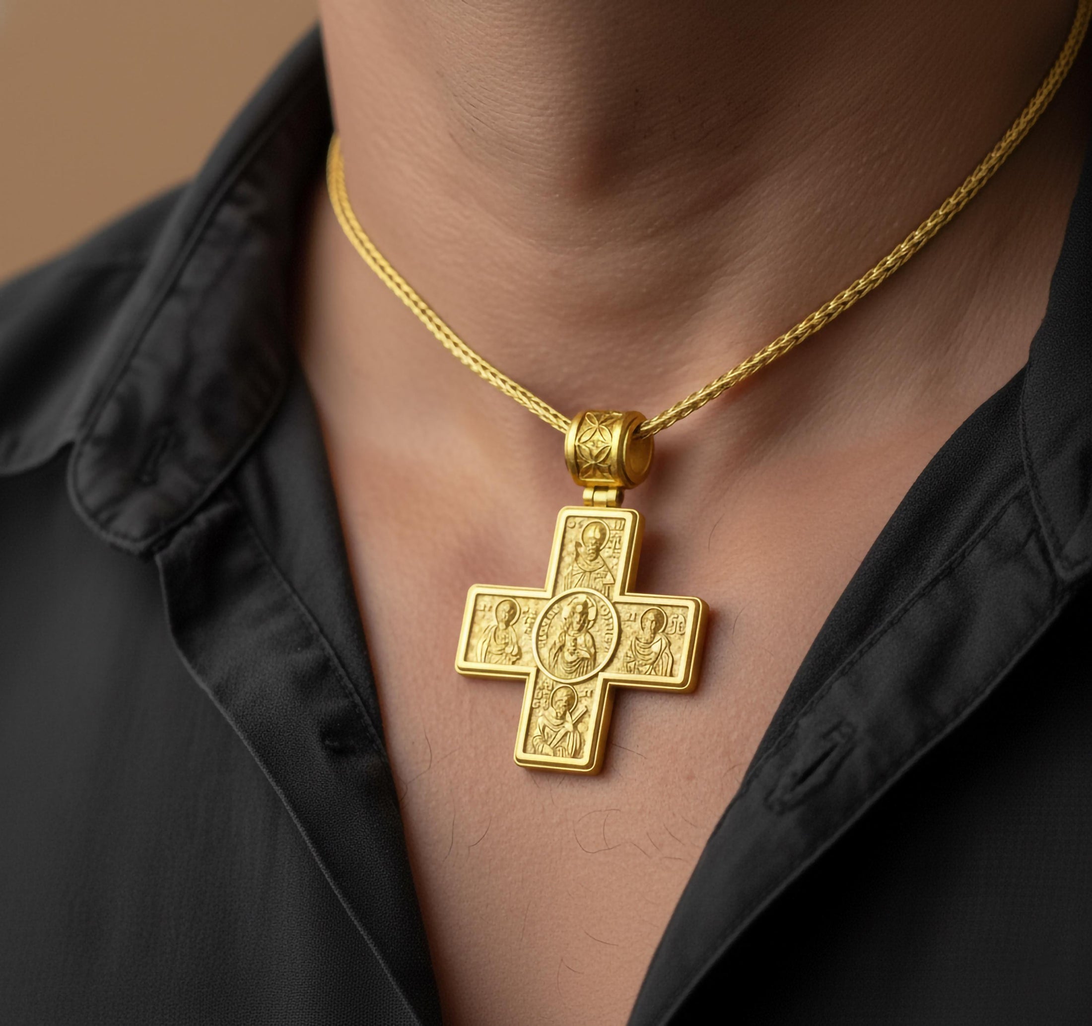 Byzantine Cross Pendant – 925 Silver Jesus and Virgin Mary Necklace, Orthodox Christian Faith Jewelry