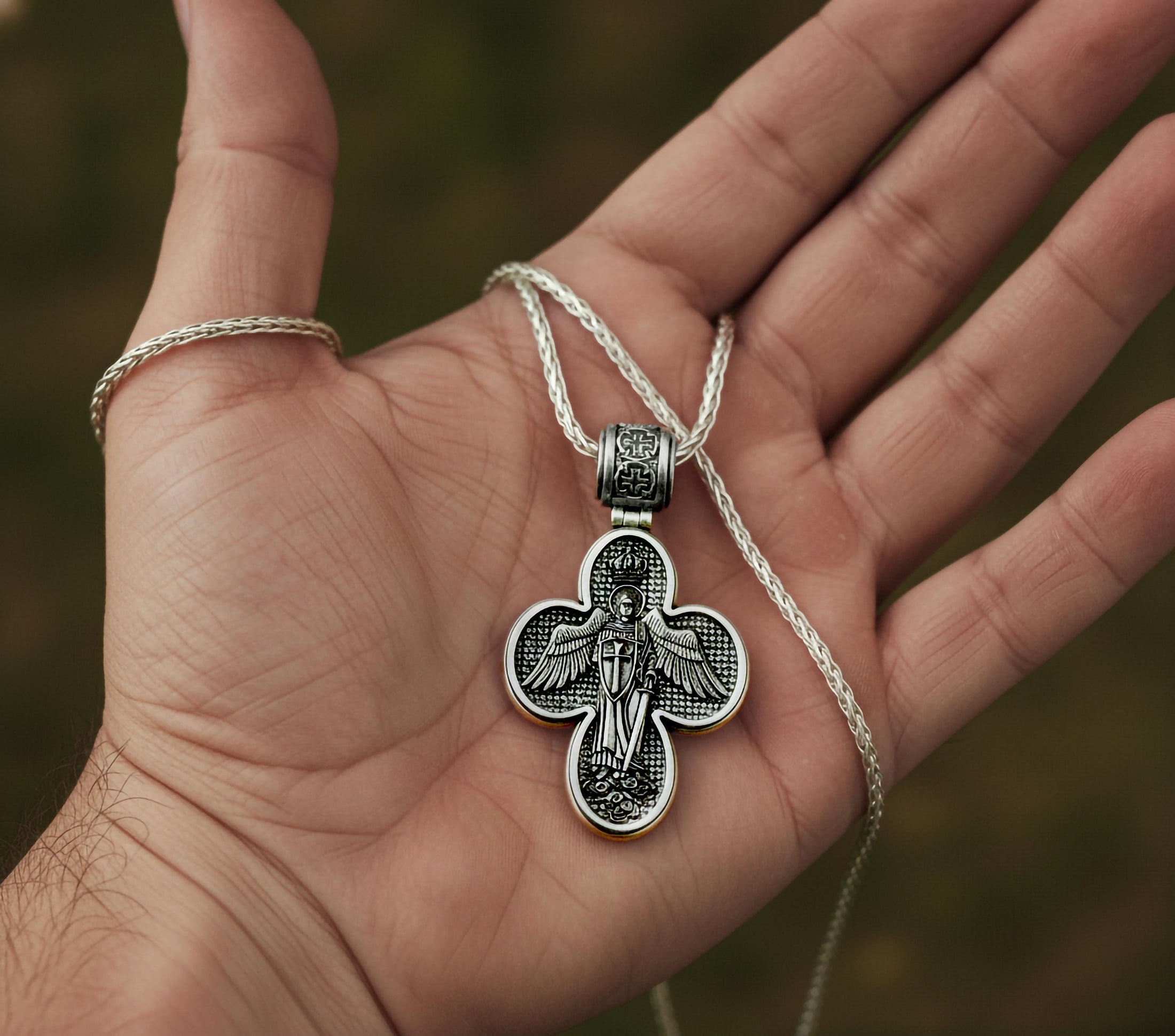 Saint Michael Cross Pendant – 925 Silver Archangel Protection Necklace, Orthodox Christian Jewelry for Men