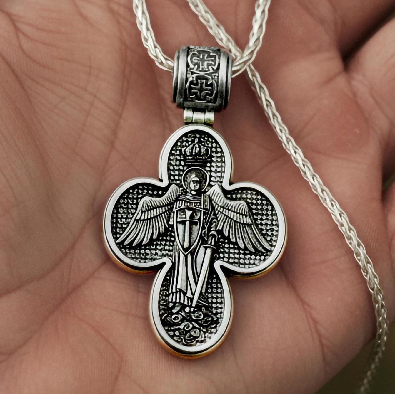Saint Michael Cross Pendant – 925 Silver Archangel Protection Necklace, Orthodox Christian Jewelry for Men