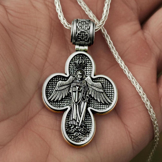Saint Michael Cross Pendant – 925 Silver Archangel Protection Necklace, Orthodox Christian Jewelry for Men