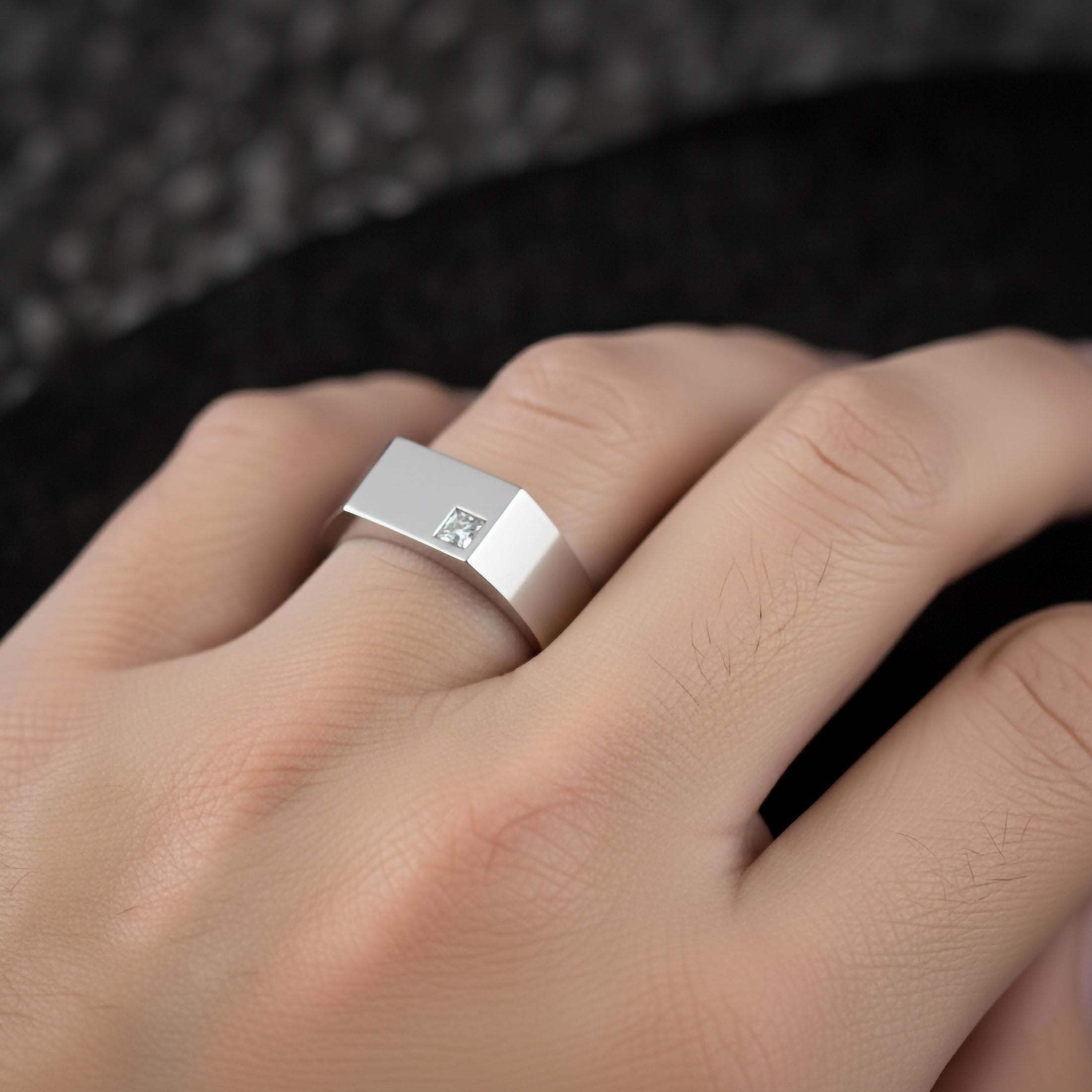 Minimalist Square Gemstone Ring – Modern 925 Silver or Solid Gold & Rose Gold Band, Contemporary Mens or Womens Jewelry