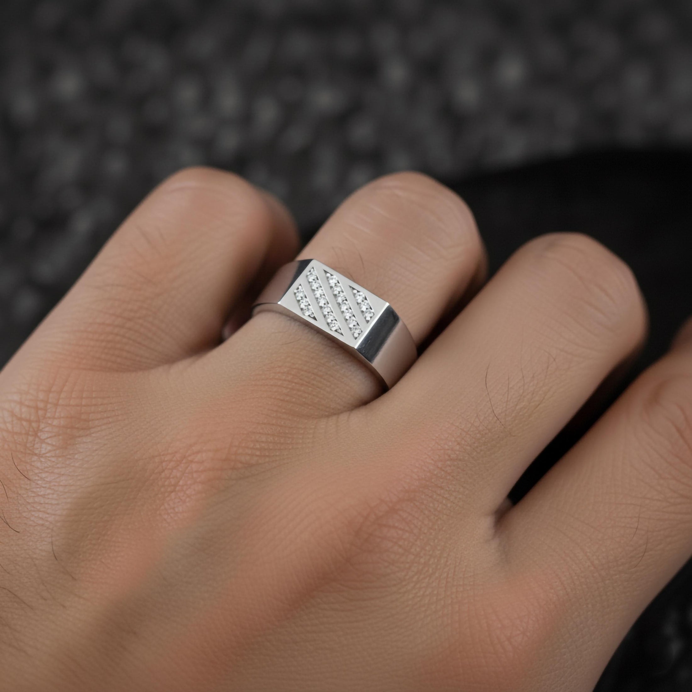 Modern Diamond Band Ring – 925 Silver, Gold & Rose Gold Mens Ring, Minimalist Pavé Diagonal Design