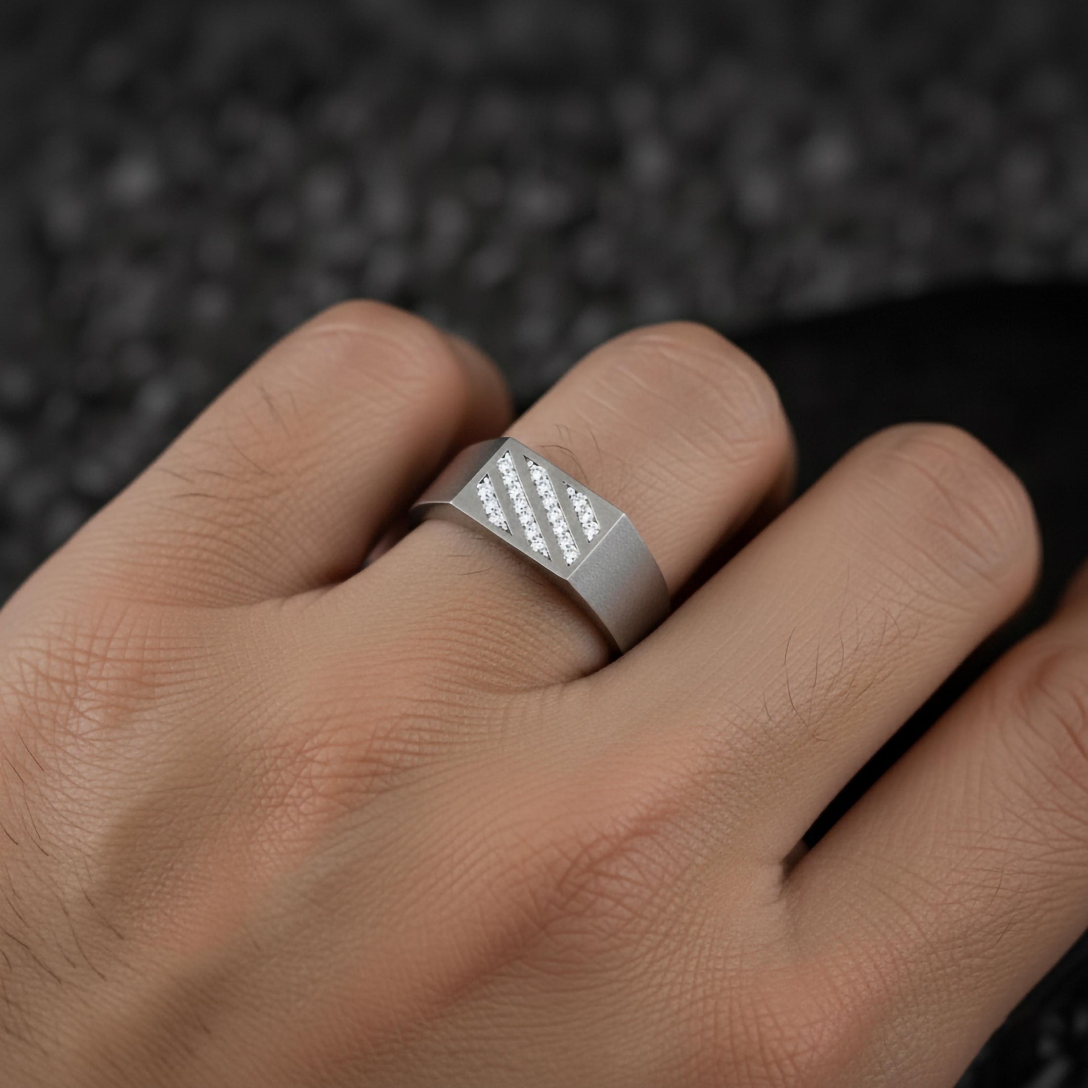 Modern Diamond Band Ring – 925 Silver, Gold & Rose Gold Mens Ring, Minimalist Pavé Diagonal Design