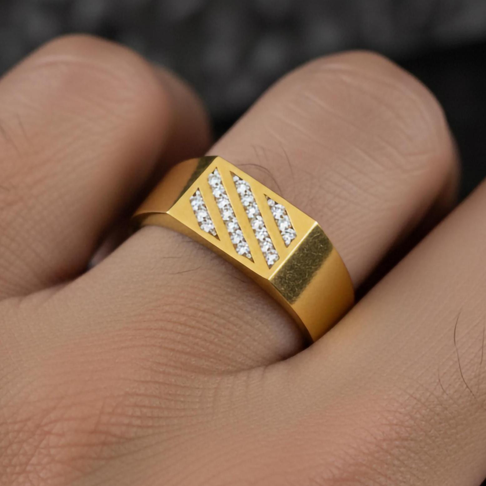 Modern Diamond Band Ring – 925 Silver, Gold & Rose Gold Mens Ring, Minimalist Pavé Diagonal Design
