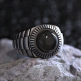 Bild in Galerie-Betrachter laden, Black Onyx Ribbed Ring – Lapis Lazuli & Tiger's Eye – 925 Sterling Silver Vintage Men’s Signet, Handcrafted Gothic Jewelry Gift
