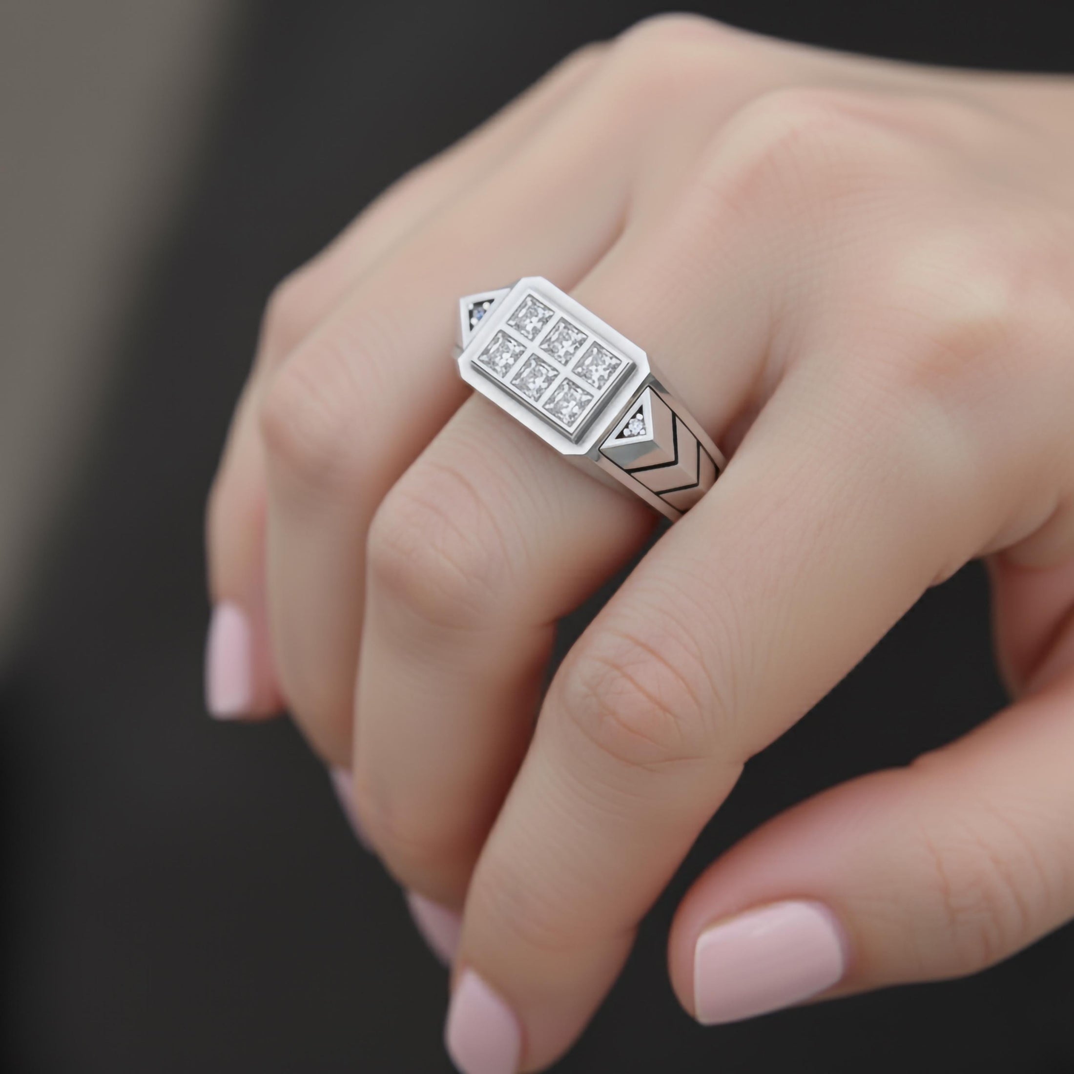 Geometric Six-Stone Ring – 925 Sterling Silver, Modern Square Cut Signet, Unisex Minimalist Jewelry