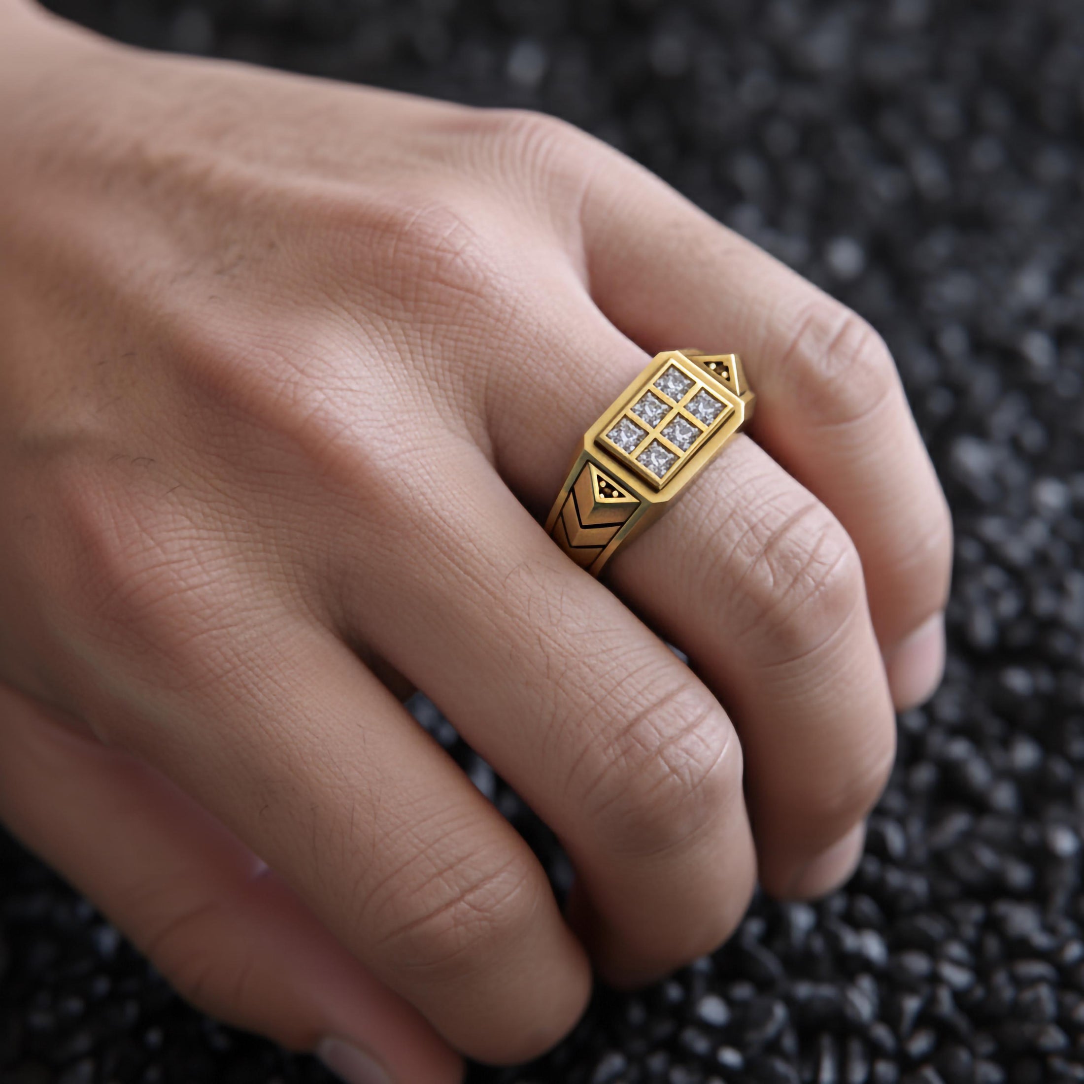 Geometric Six-Stone Ring – 925 Sterling Silver, Modern Square Cut Signet, Unisex Minimalist Jewelry