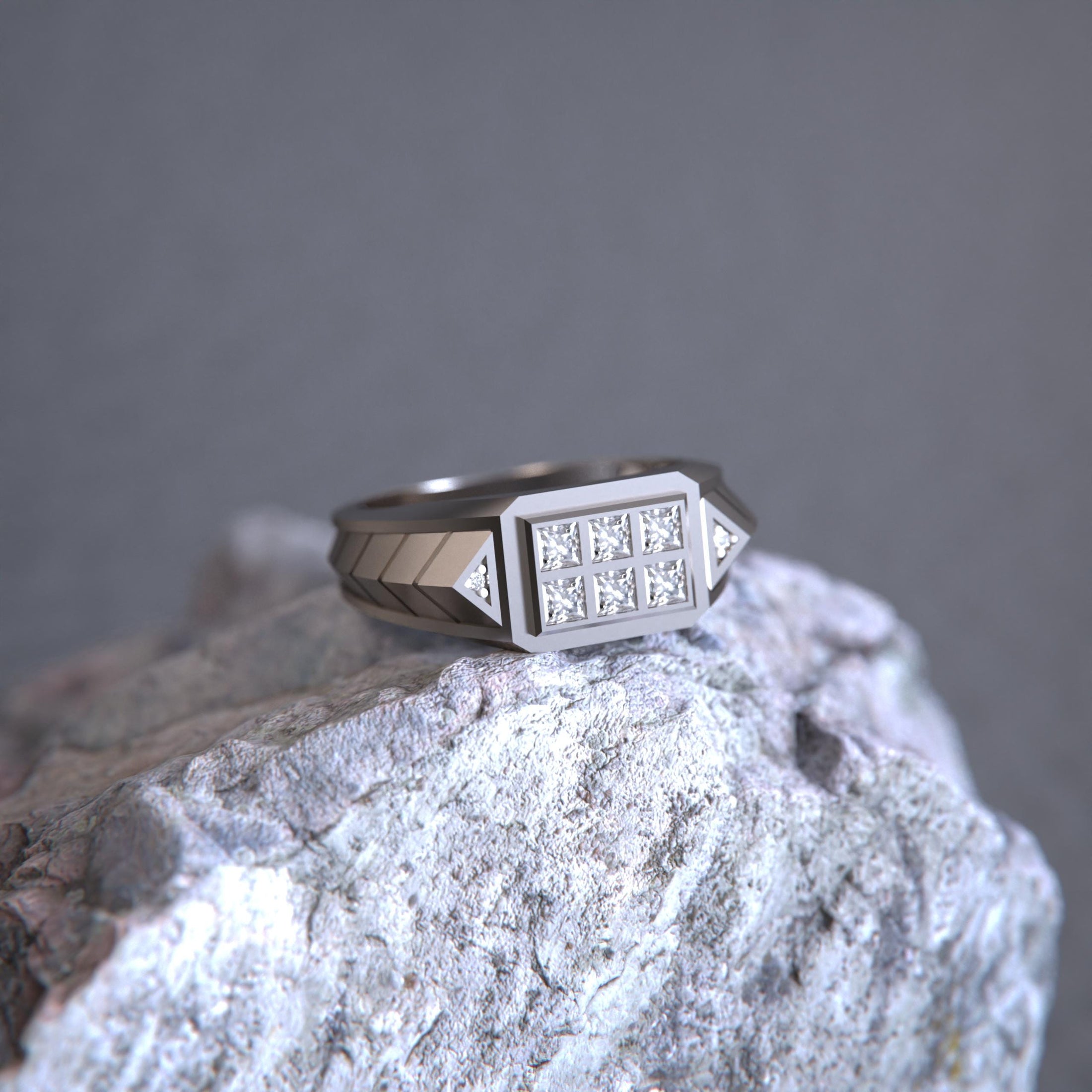 Geometric Six-Stone Ring – 925 Sterling Silver, Modern Square Cut Signet, Unisex Minimalist Jewelry
