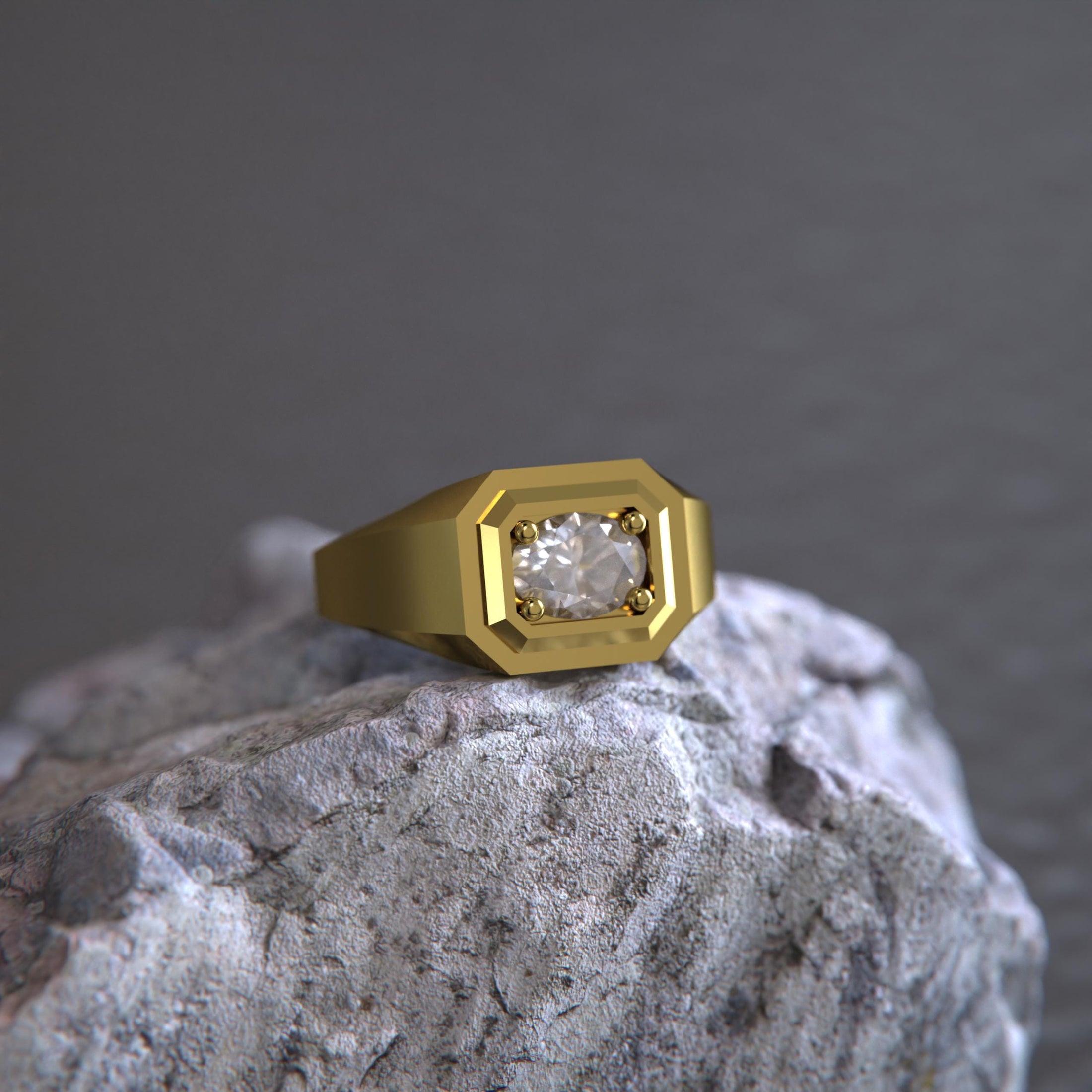 Octagonal Solitaire Ring – 925 Silver or Gold, Modern Men’s Signet with Brilliant Gemstone, Minimalist Jewelry