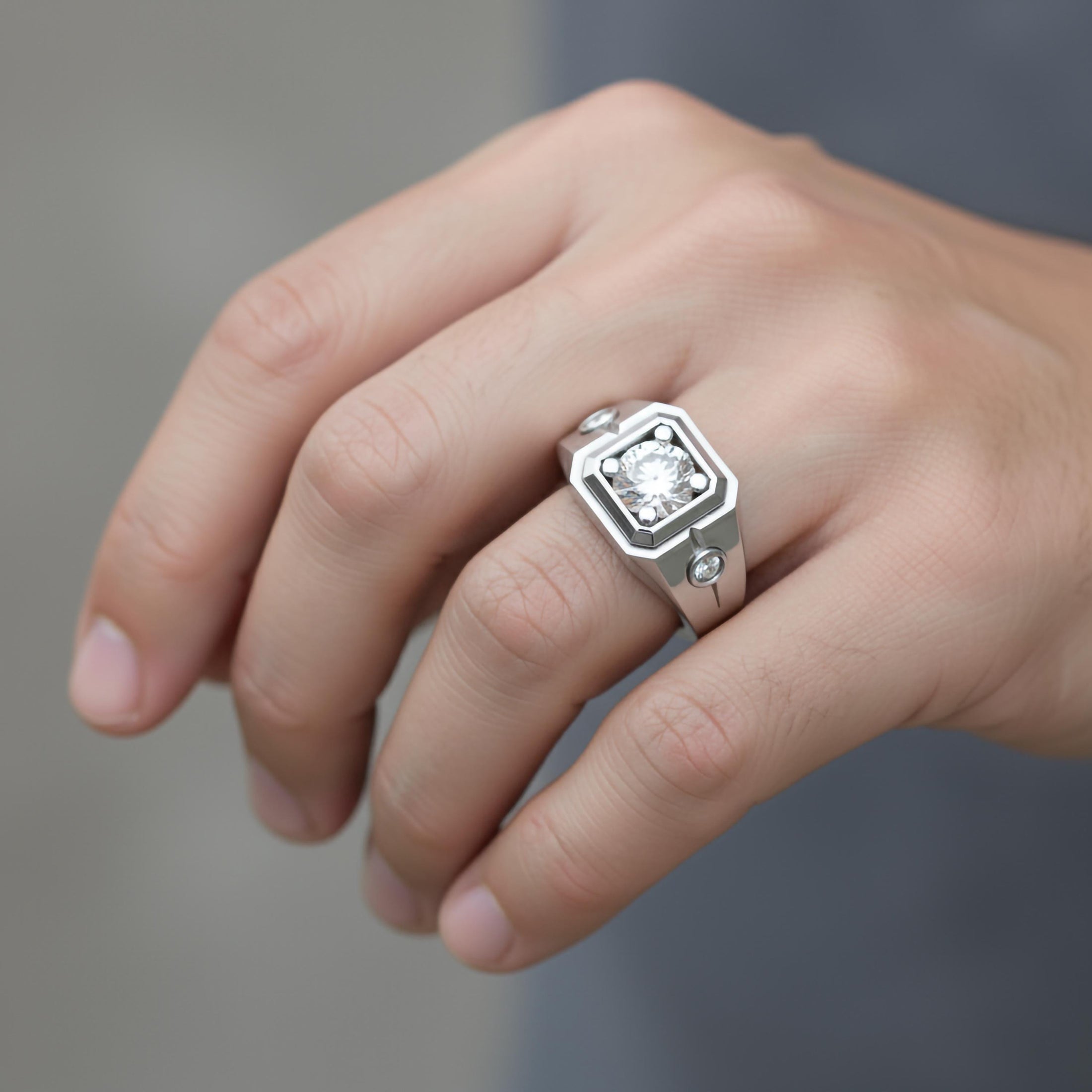 Hexagonal Three-Stone Signet Ring – 925 Silver or Gold, Modern Men’s Geometric Ring with Brilliant Stones