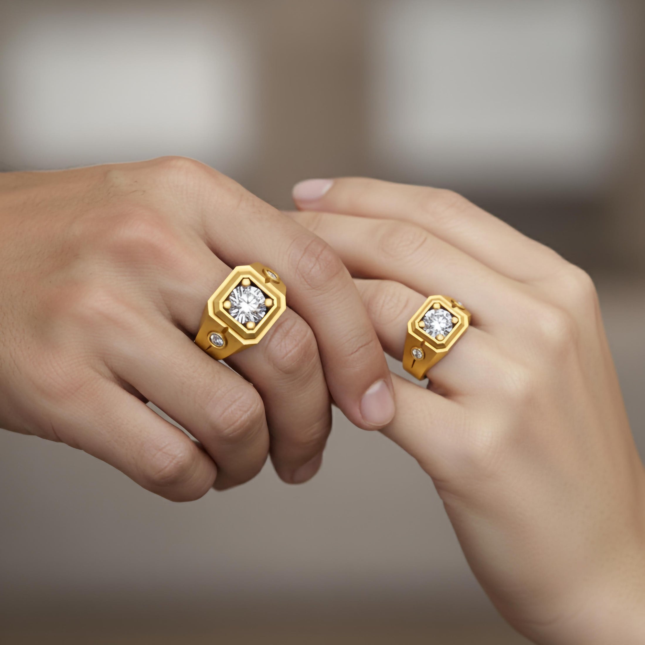 Hexagonal Three-Stone Signet Ring – 925 Silver or Gold, Modern Men’s Geometric Ring with Brilliant Stones