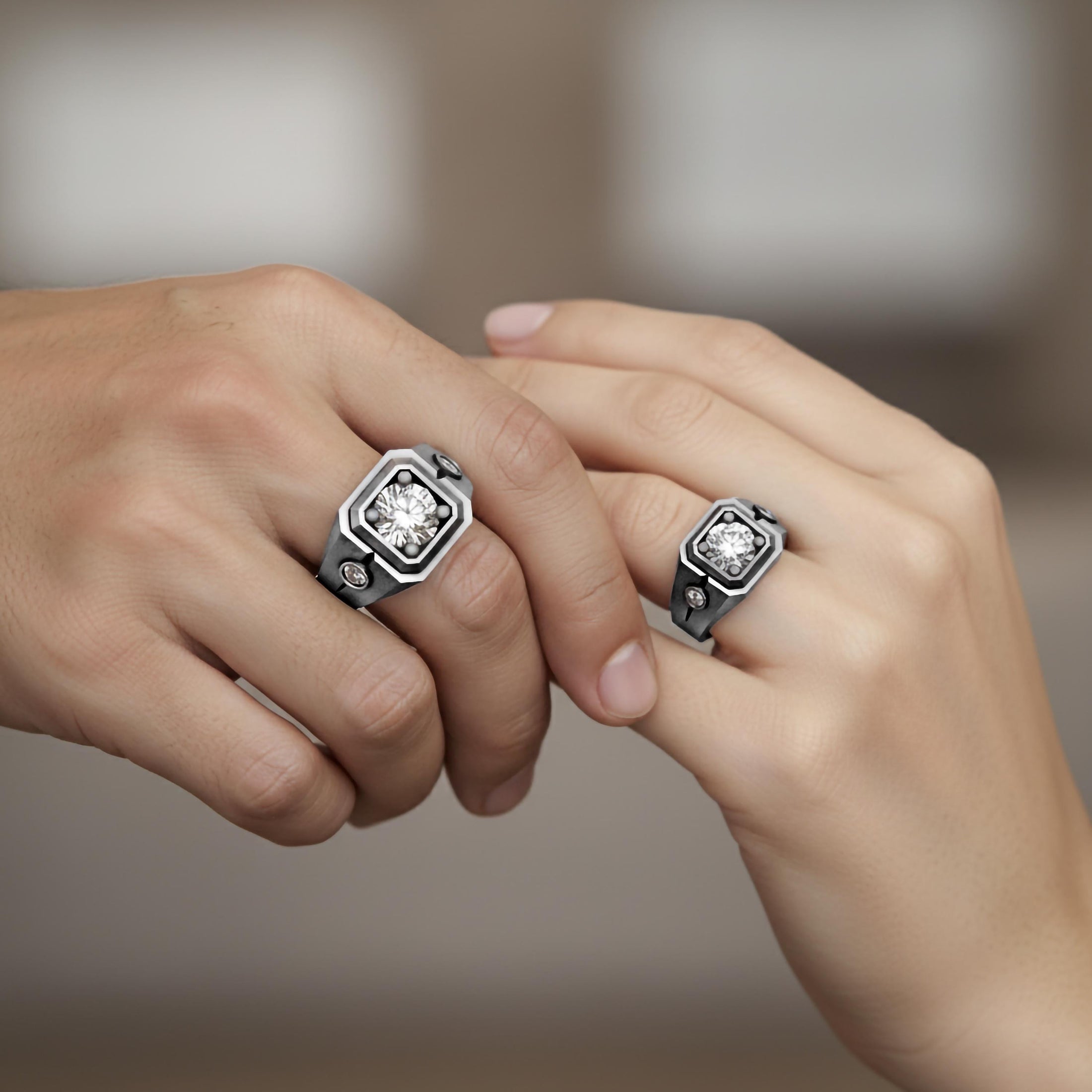 Hexagonal Three-Stone Signet Ring – 925 Silver or Gold, Modern Men’s Geometric Ring with Brilliant Stones