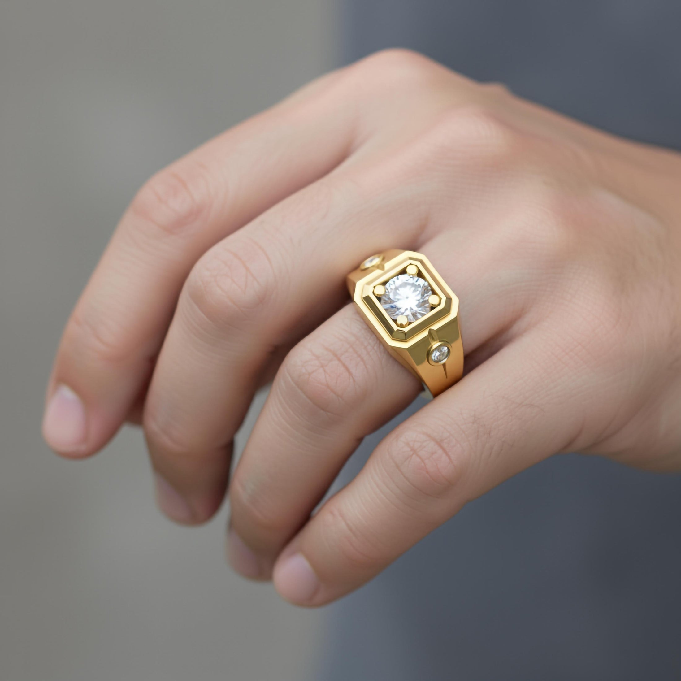 Hexagonal Three-Stone Signet Ring – 925 Silver or Gold, Modern Men’s Geometric Ring with Brilliant Stones