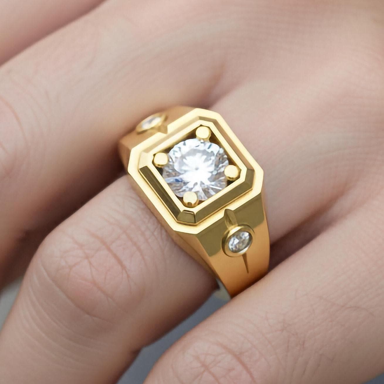 Hexagonal Three-Stone Signet Ring – 925 Silver or Gold, Modern Men’s Geometric Ring with Brilliant Stones