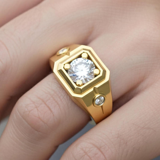 Hexagonal Three-Stone Signet Ring – 925 Silver or Gold, Modern Men’s Geometric Ring with Brilliant Stones