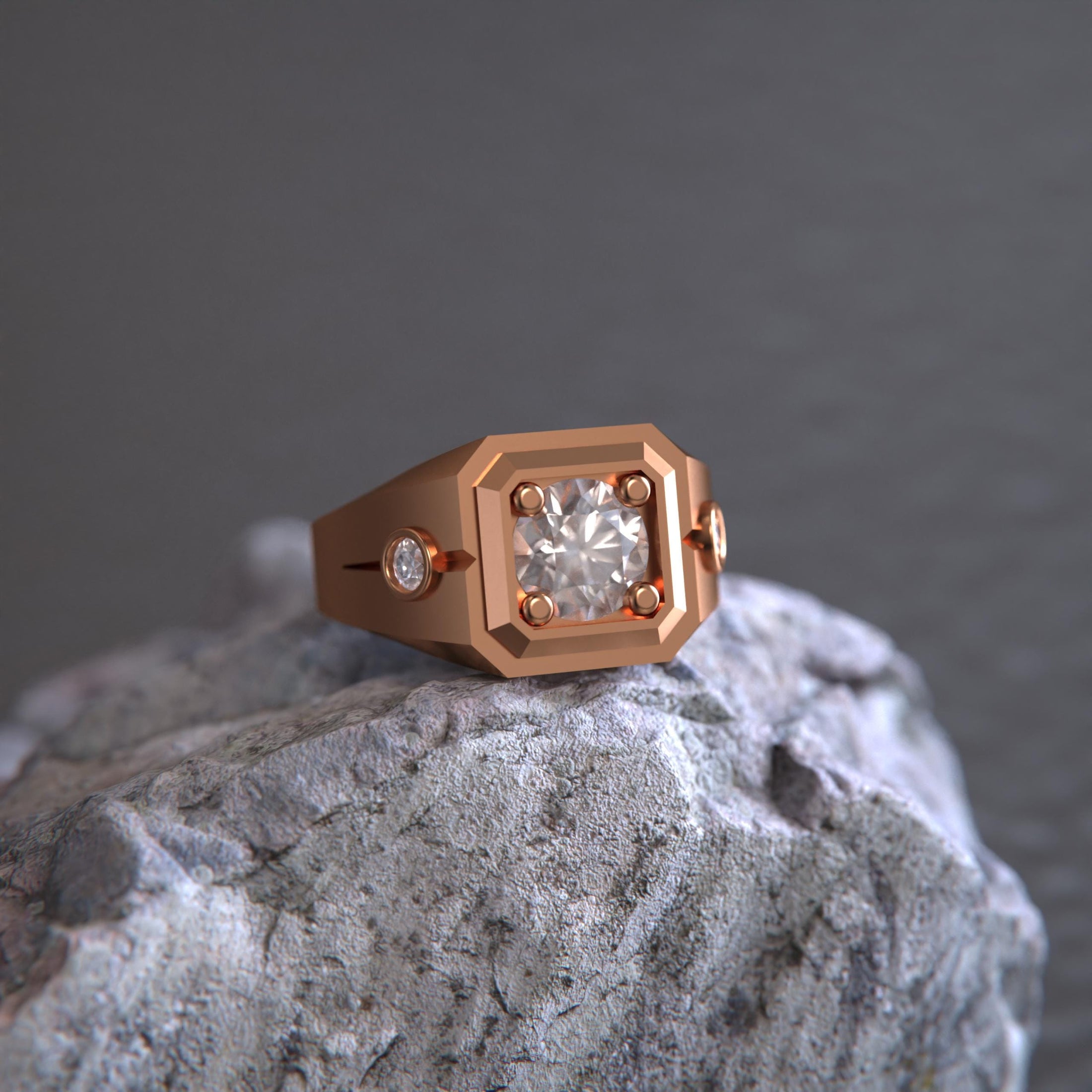 Hexagonal Three-Stone Signet Ring – 925 Silver or Gold, Modern Men’s Geometric Ring with Brilliant Stones