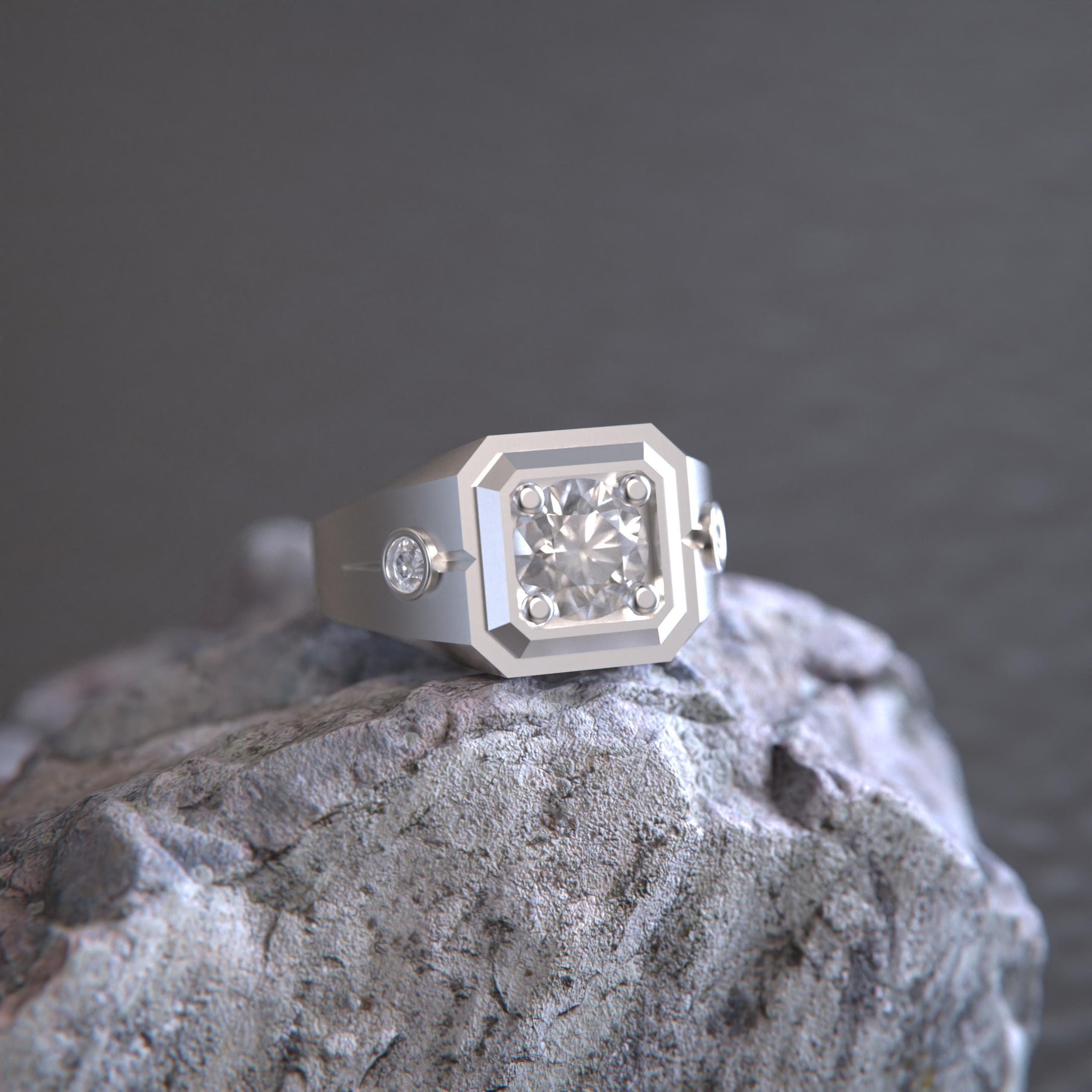 Hexagonal Three-Stone Signet Ring – 925 Silver or Gold, Modern Men’s Geometric Ring with Brilliant Stones