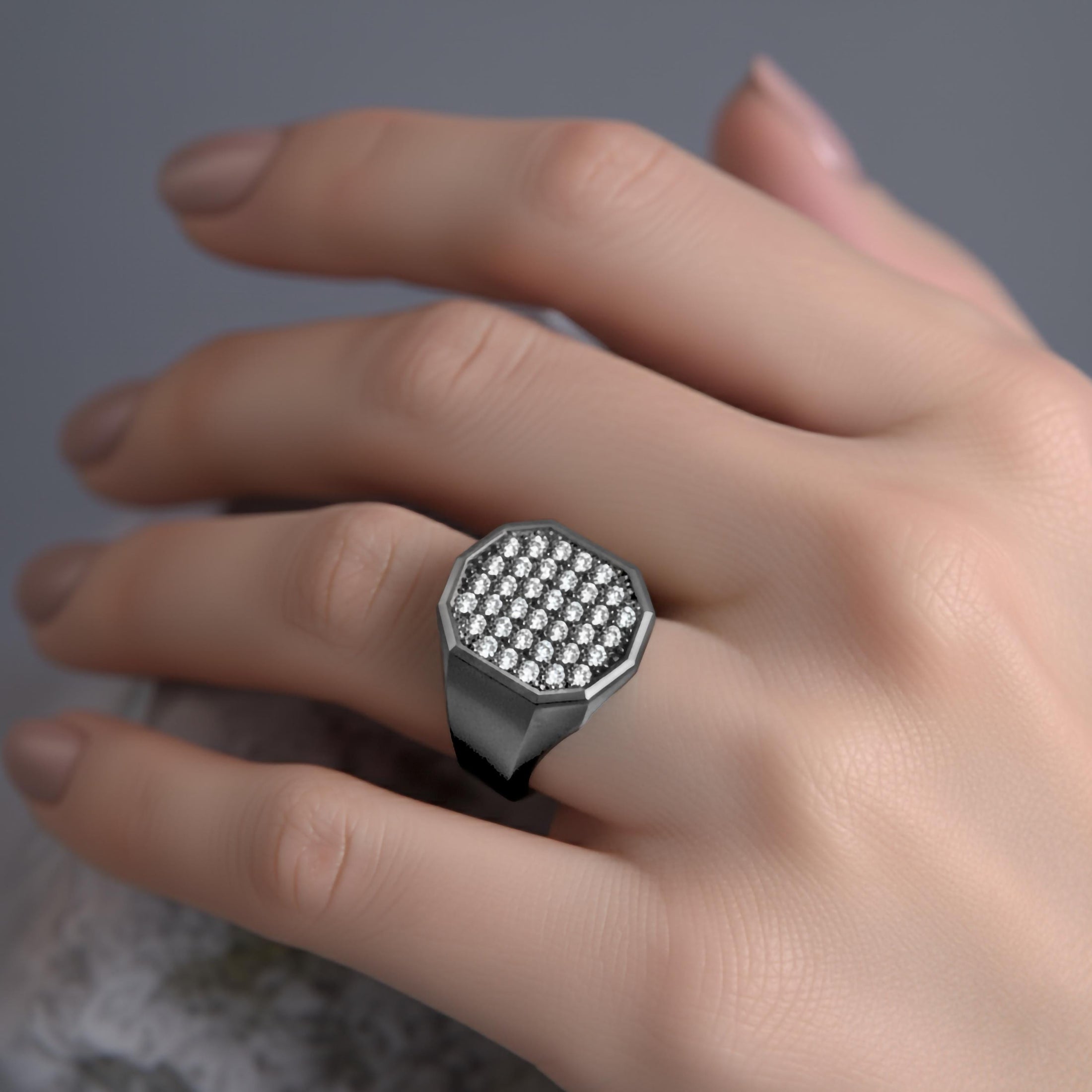 Octagonal Pavé Gold Signet Ring – Solid Gold or 925 Silver, Men’s Luxury Statement Ring, Modern Geometric Jewelry