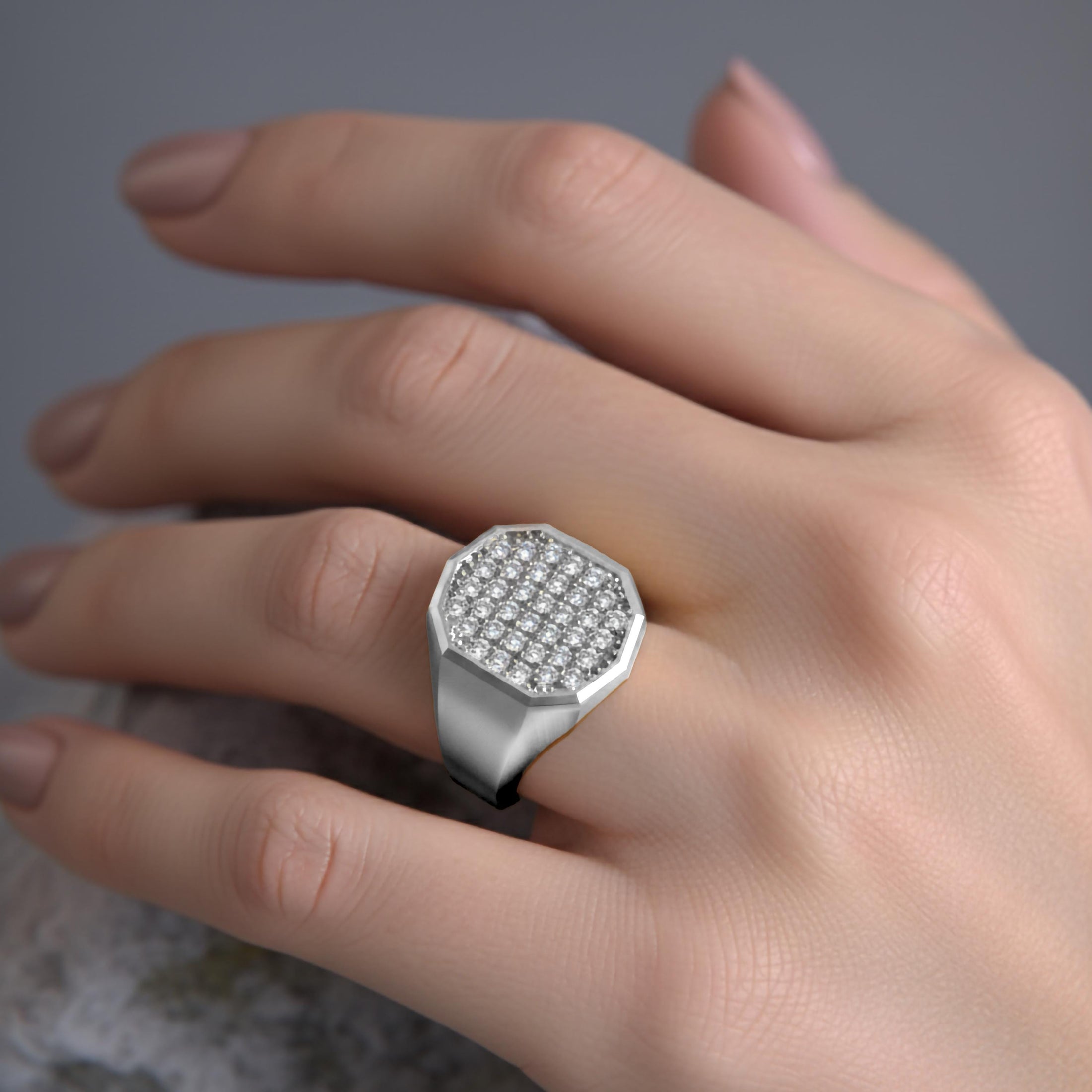 Octagonal Pavé Gold Signet Ring – Solid Gold or 925 Silver, Men’s Luxury Statement Ring, Modern Geometric Jewelry