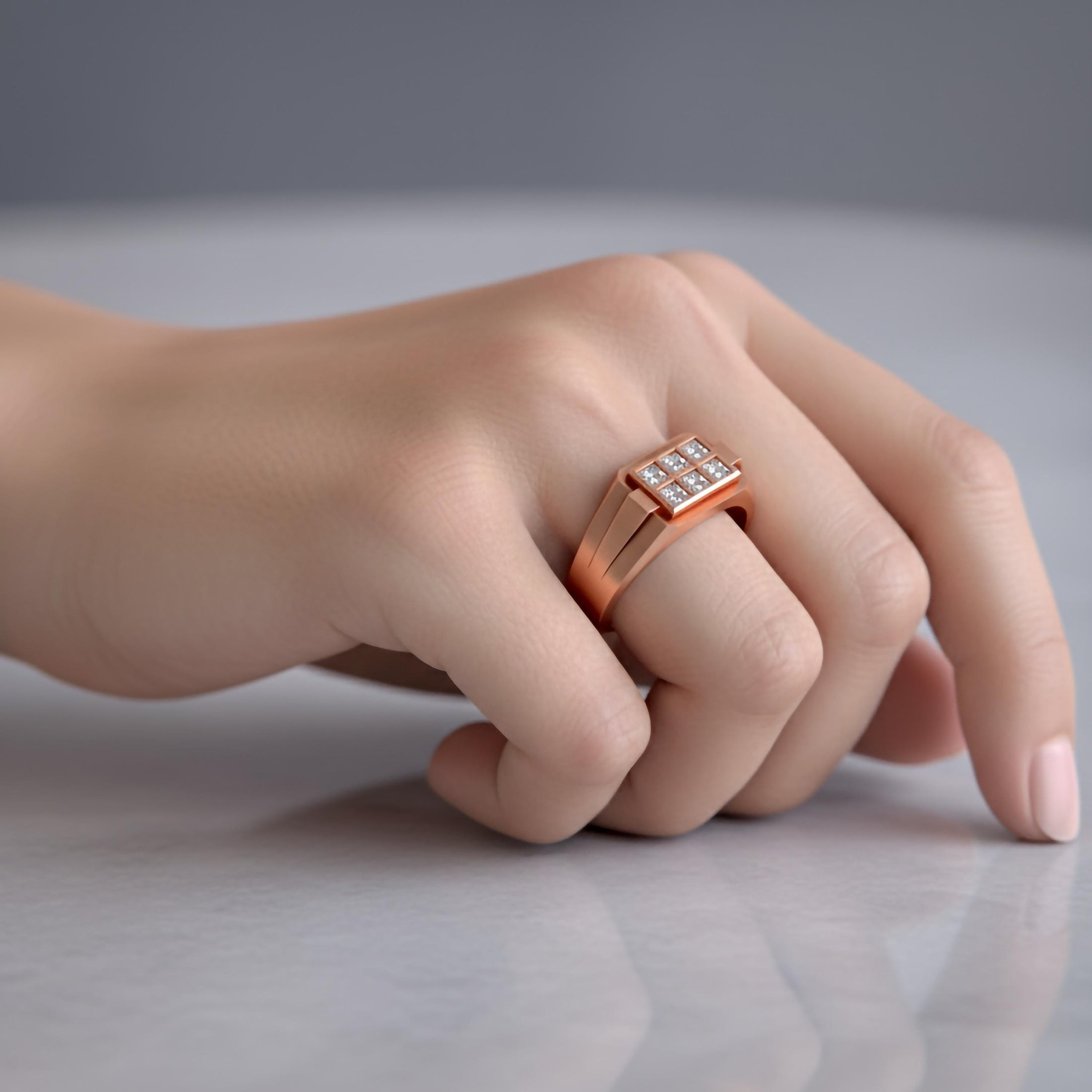 Six-Stone Grid Signet Ring – Solid Gold or 925 Silver, Men’s Modern Geometric Ring, Luxury Statement Jewelry