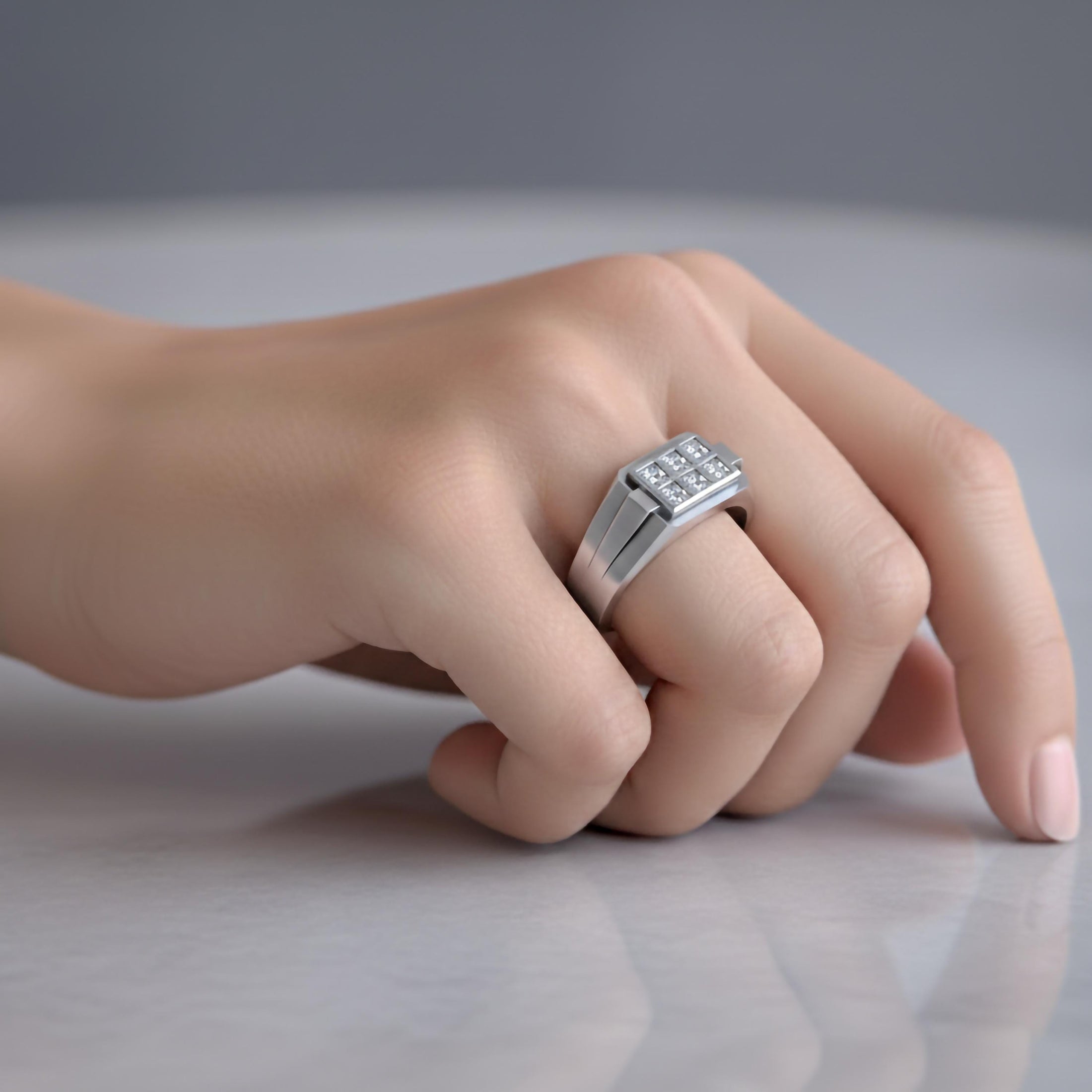 Six-Stone Grid Signet Ring – Solid Gold or 925 Silver, Men’s Modern Geometric Ring, Luxury Statement Jewelry