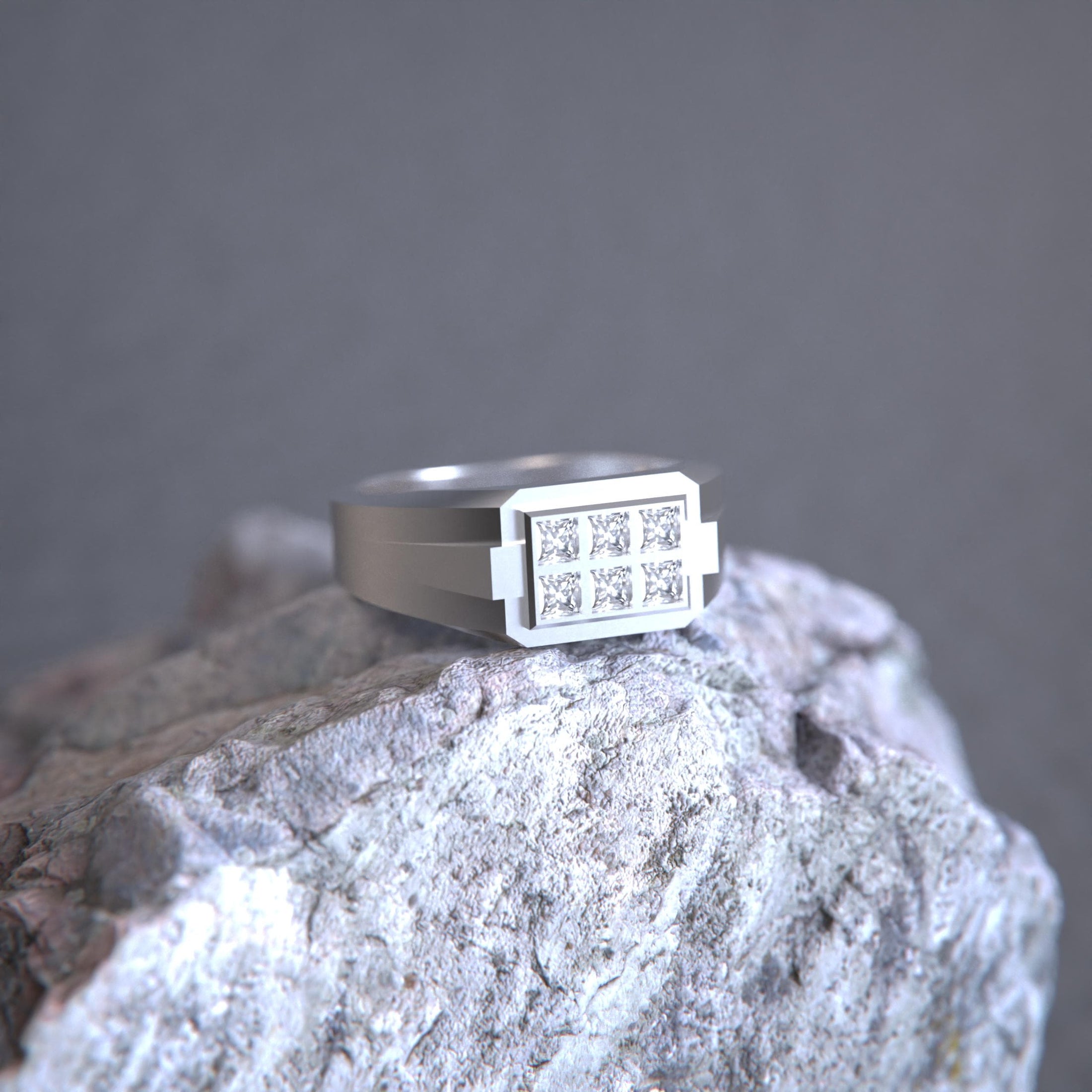 Six-Stone Grid Signet Ring – Solid Gold or 925 Silver, Men’s Modern Geometric Ring, Luxury Statement Jewelry