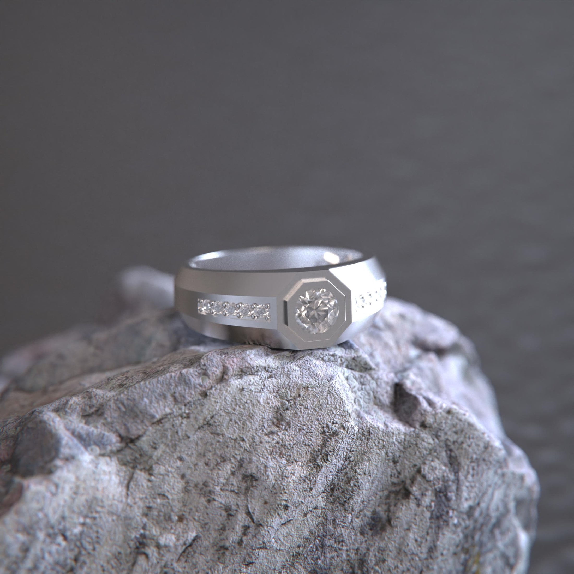 Octagonal Center Stone Ring – 925 Silver or Gold, Men’s Modern Geometric Ring, Luxury Side-Set Diamond Band