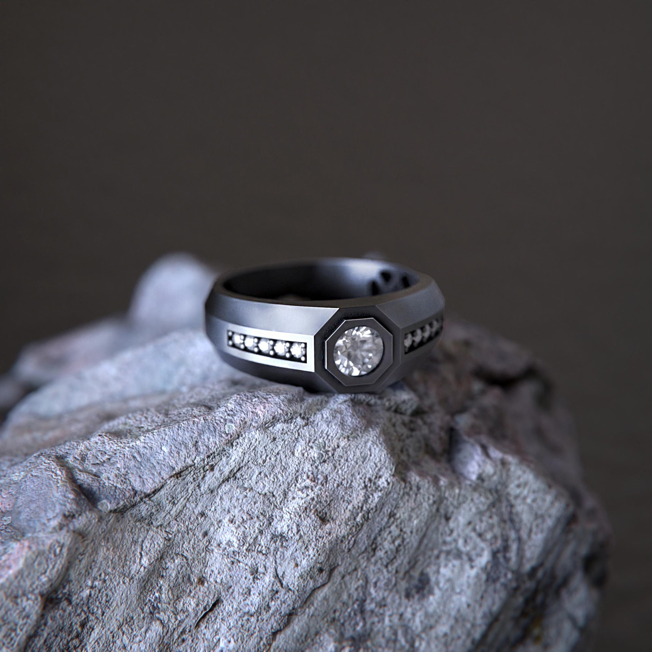 Octagonal Center Stone Ring – 925 Silver or Gold, Men’s Modern Geometric Ring, Luxury Side-Set Diamond Band