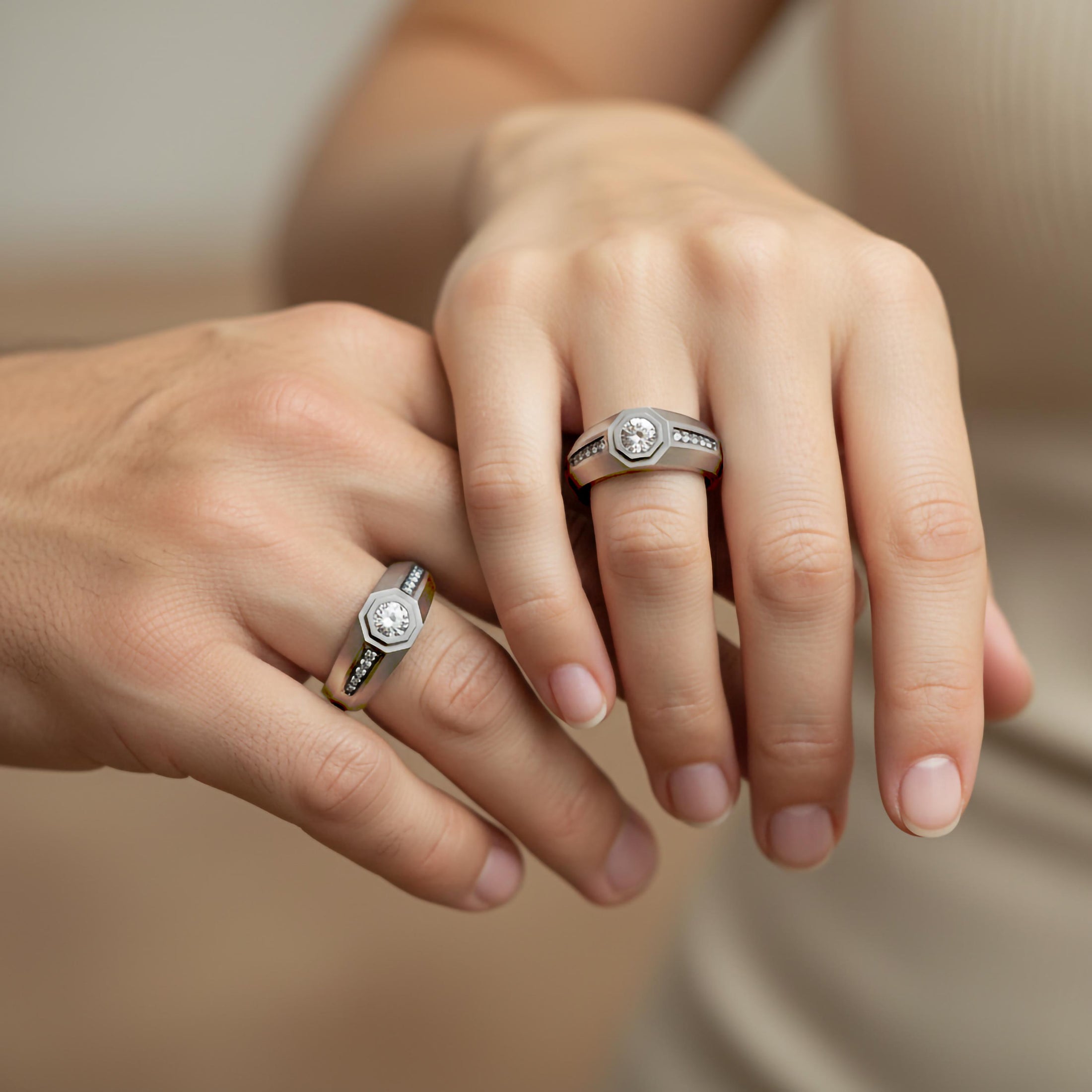 Octagonal Center Stone Ring – 925 Silver or Gold, Men’s Modern Geometric Ring, Luxury Side-Set Diamond Band