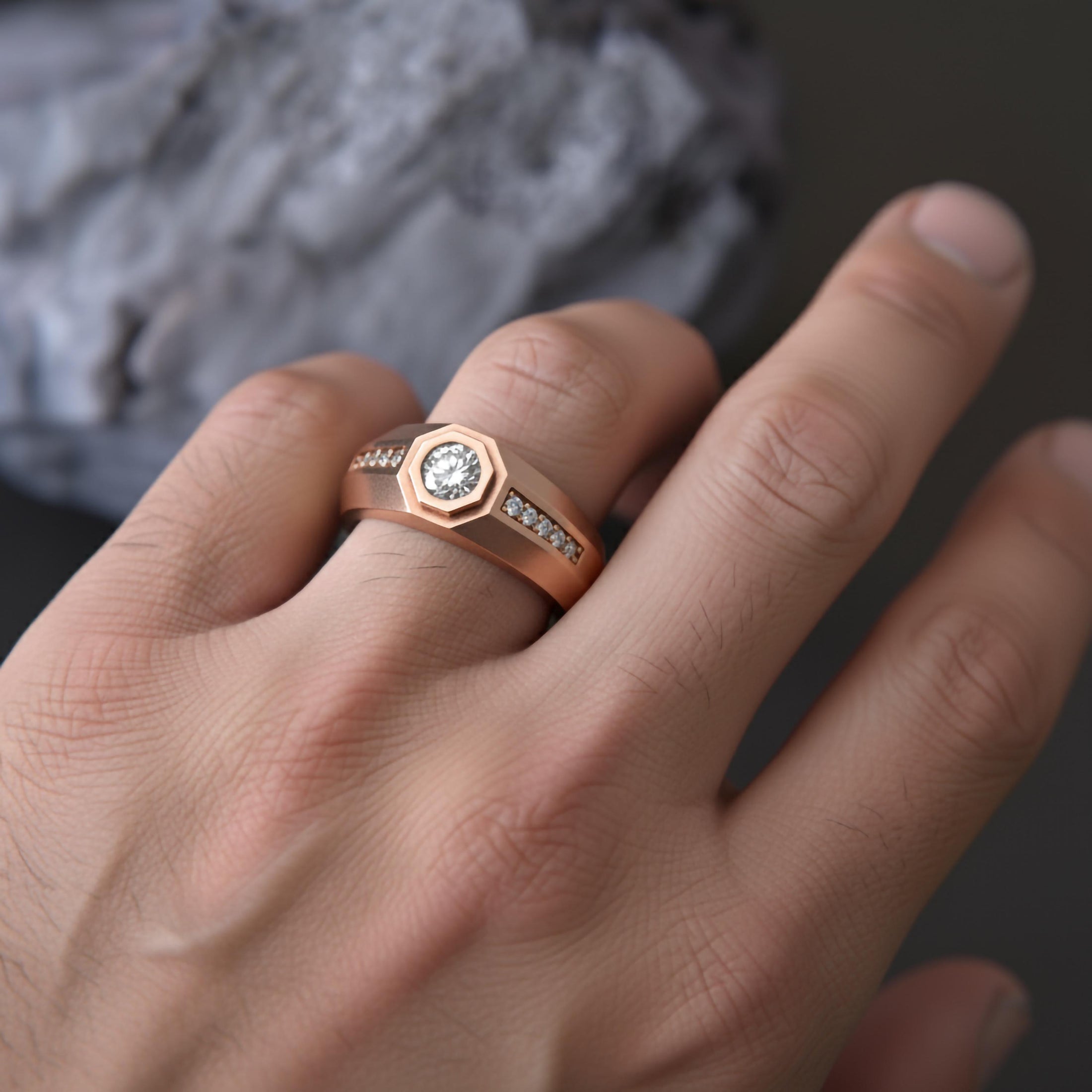 Octagonal Center Stone Ring – 925 Silver or Gold, Men’s Modern Geometric Ring, Luxury Side-Set Diamond Band