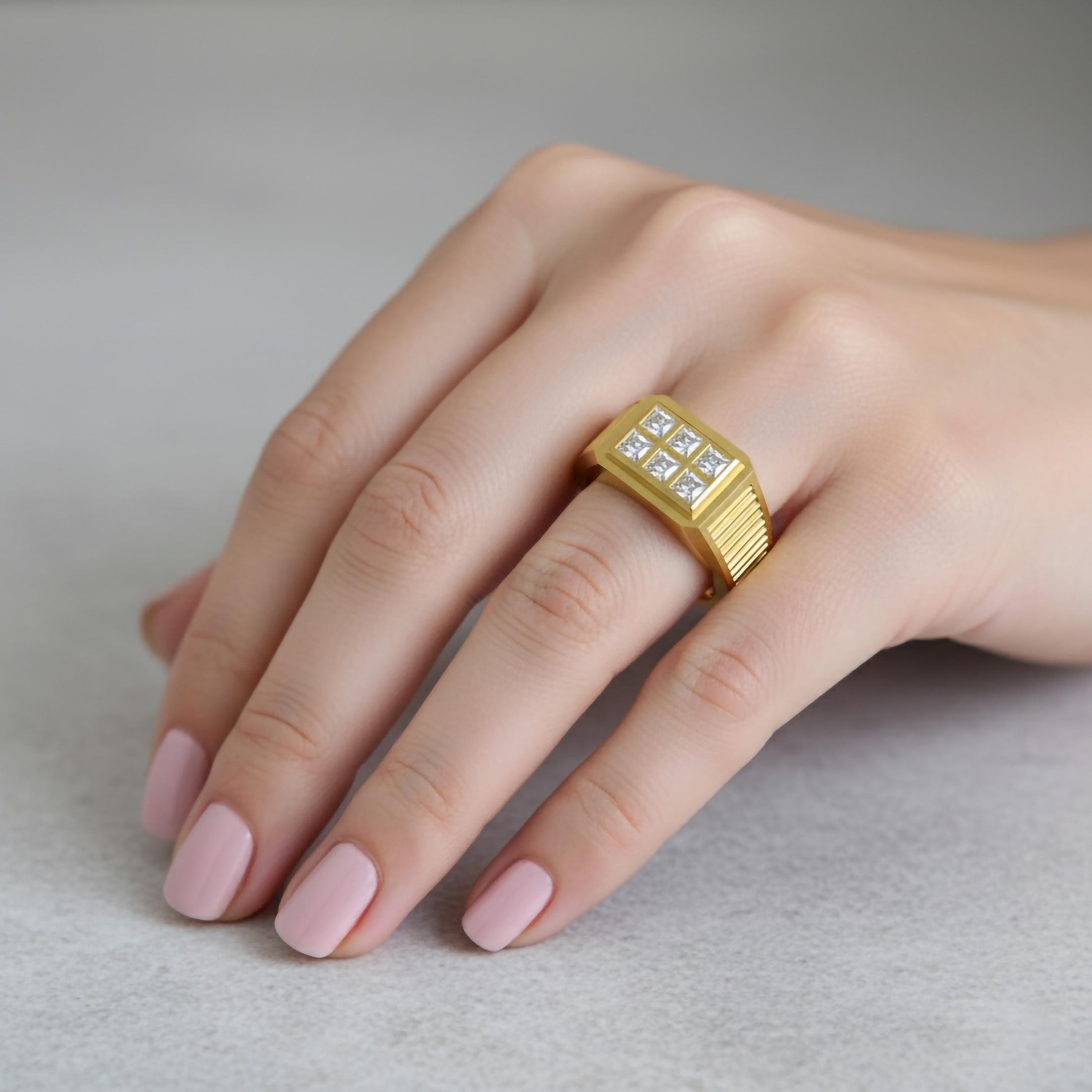 Octagonal Center Stone Ring – 925 Silver or Gold, Men’s Modern Geometric Ring, Luxury Side-Set Diamond Band