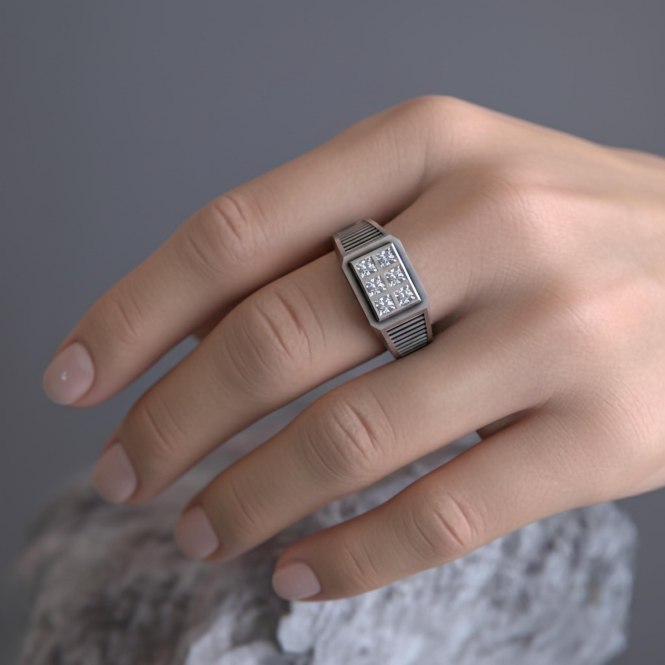 Octagonal Center Stone Ring – 925 Silver or Gold, Men’s Modern Geometric Ring, Luxury Side-Set Diamond Band