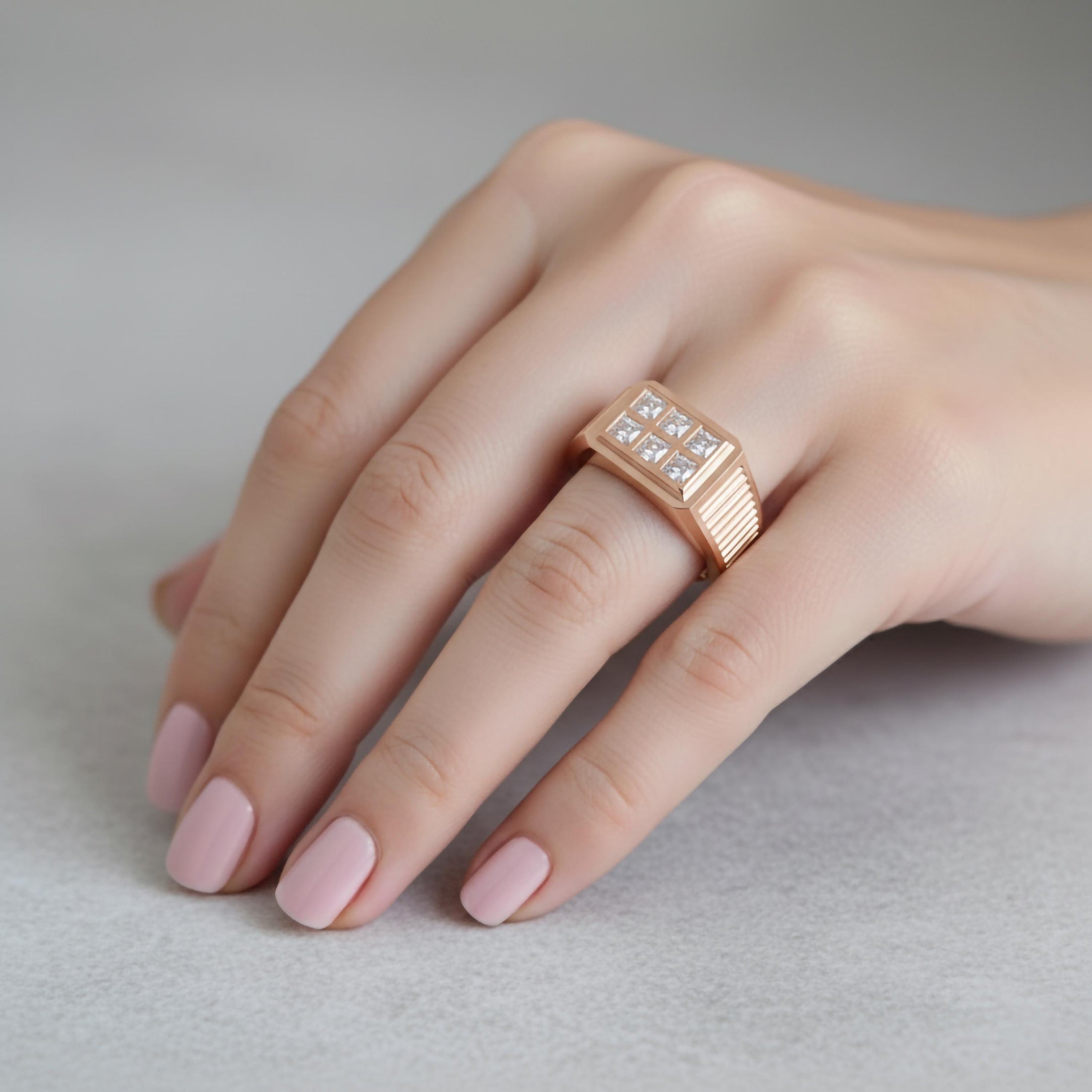 Octagonal Center Stone Ring – 925 Silver or Gold, Men’s Modern Geometric Ring, Luxury Side-Set Diamond Band