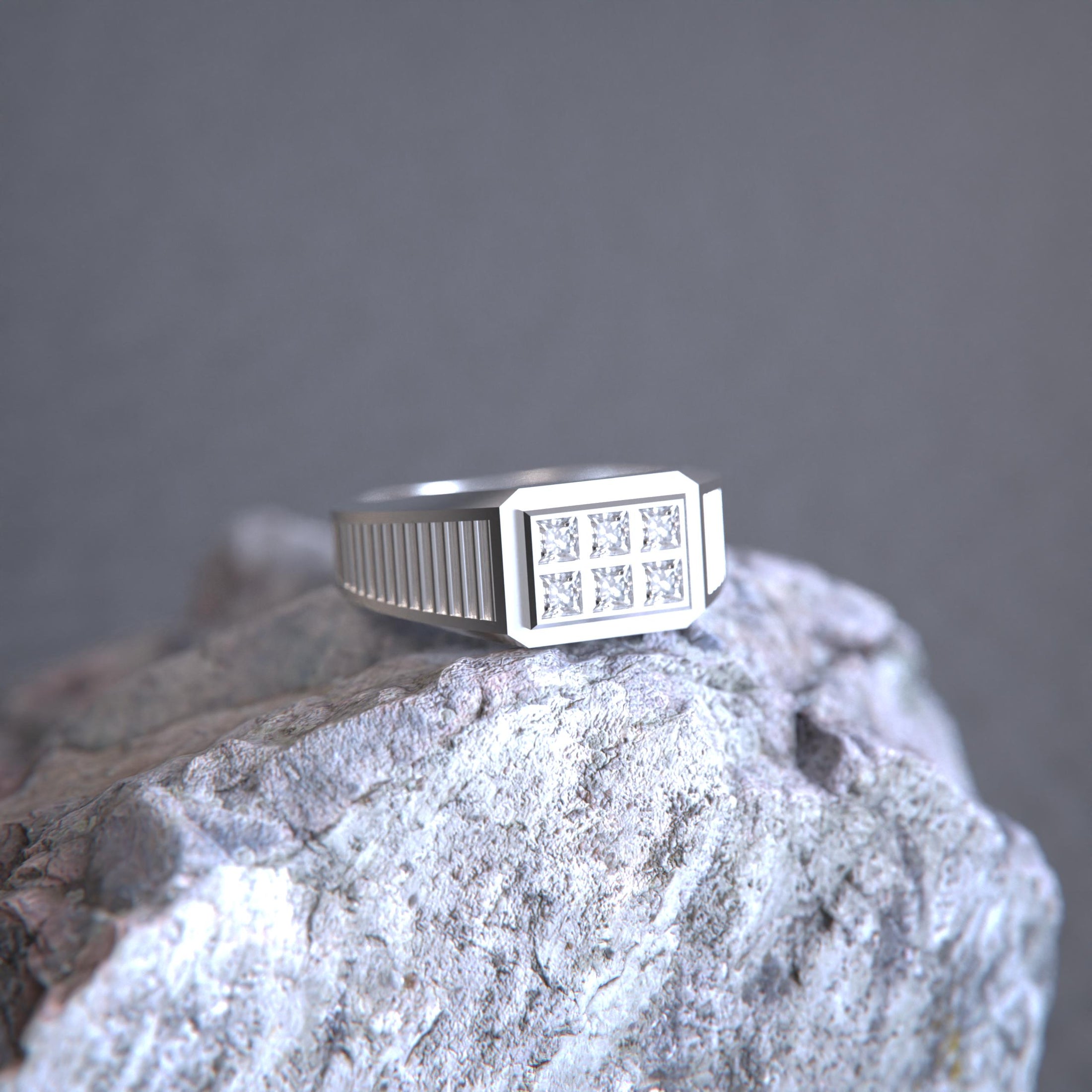 Octagonal Center Stone Ring – 925 Silver or Gold, Men’s Modern Geometric Ring, Luxury Side-Set Diamond Band