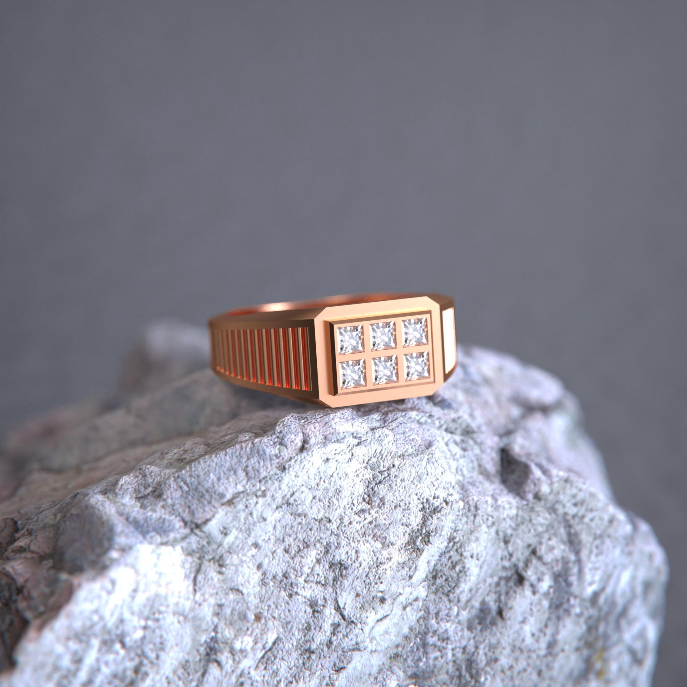 Octagonal Center Stone Ring – 925 Silver or Gold, Men’s Modern Geometric Ring, Luxury Side-Set Diamond Band