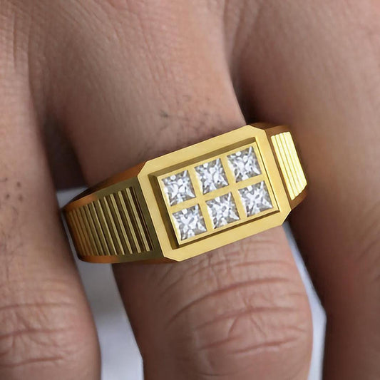 Octagonal Center Stone Ring – 925 Silver or Gold, Men’s Modern Geometric Ring, Luxury Side-Set Diamond Band