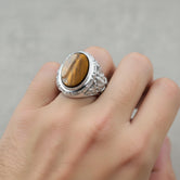 Oval Gemstone Ring – 925 Sterling Silver Men’s Vintage Ring with Onyx, Tiger’s Eye, Green Onyx & Red Garnet