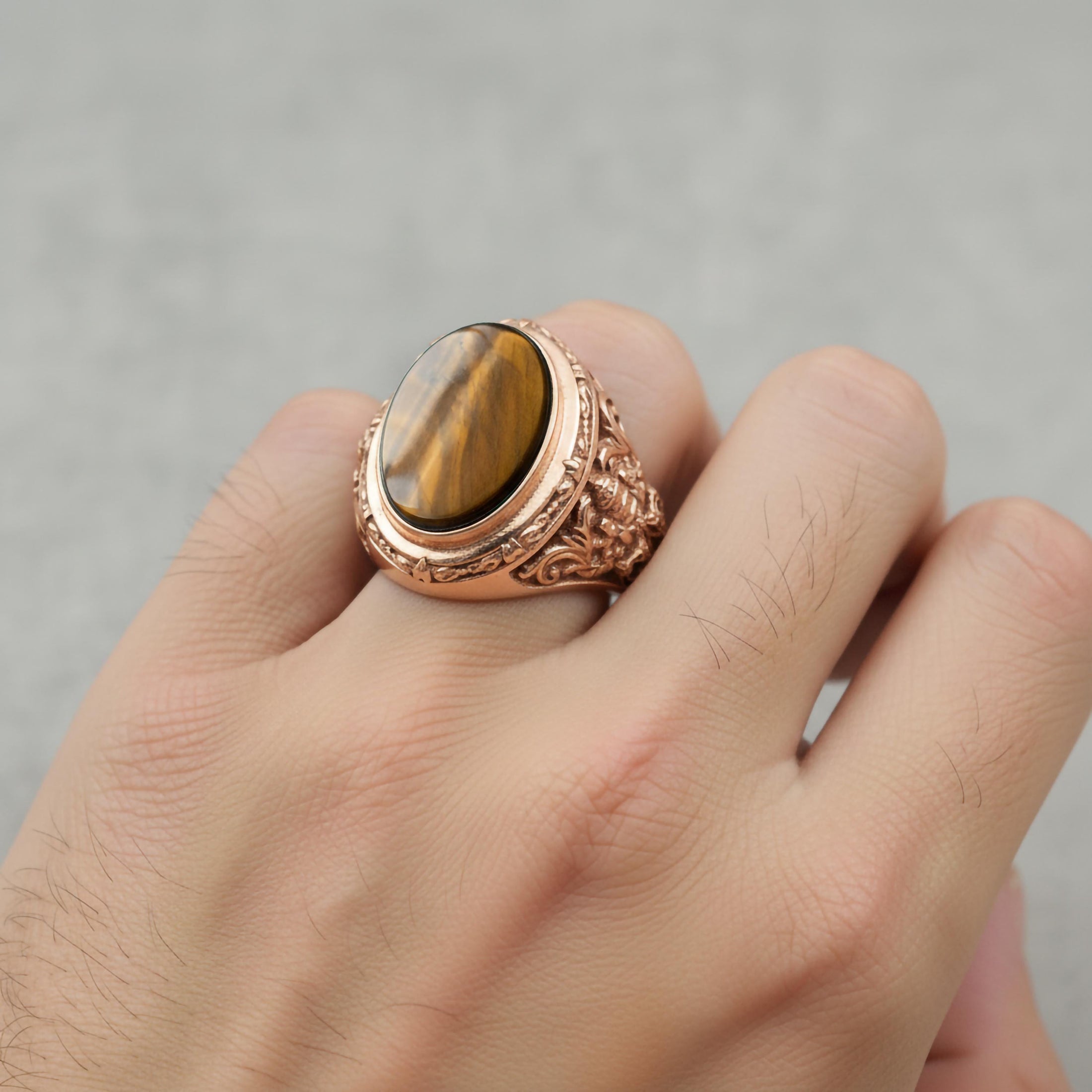 Oval Gemstone Ring – 925 Sterling Silver Men’s Vintage Ring with Onyx, Tiger’s Eye, Green Onyx & Red Garnet