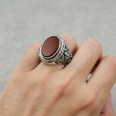 Oval Gemstone Ring – 925 Sterling Silver Men’s Vintage Ring with Onyx, Tiger’s Eye, Green Onyx & Red Garnet