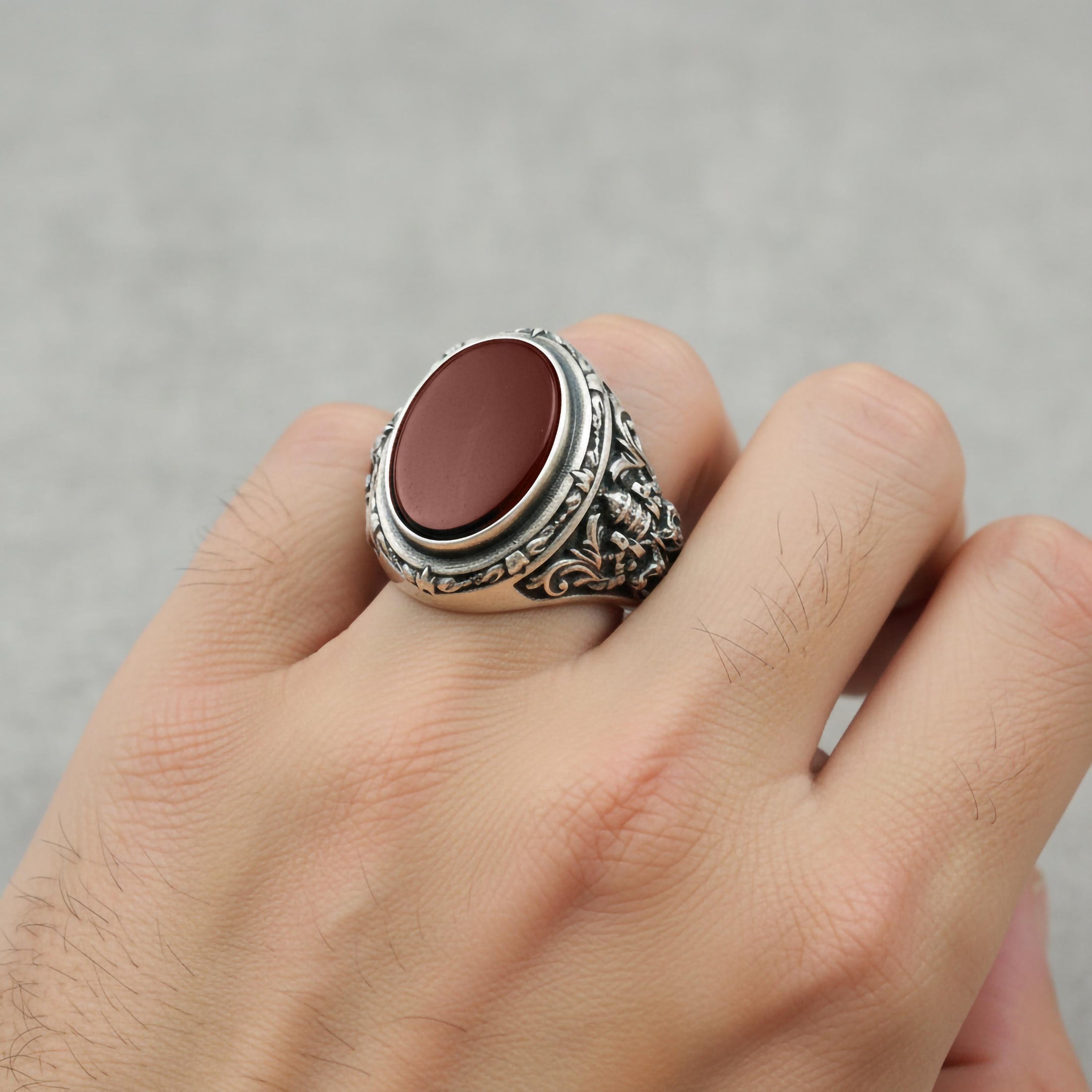 Oval Gemstone Ring – 925 Sterling Silver Men’s Vintage Ring with Onyx, Tiger’s Eye, Green Onyx & Red Garnet