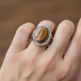 Religious Gemstone Cross Ring – 925 Sterling Silver Men’s Ring with Onyx, Tiger’s Eye, Green Onyx & Red Garnet