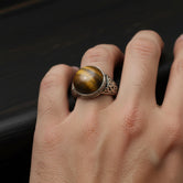 Round Gemstone Men’s Ring – 925 Sterling Silver Vintage Ring with Lapis Lazuli, Tiger’s Eye, Green Aventurine & Red Agate