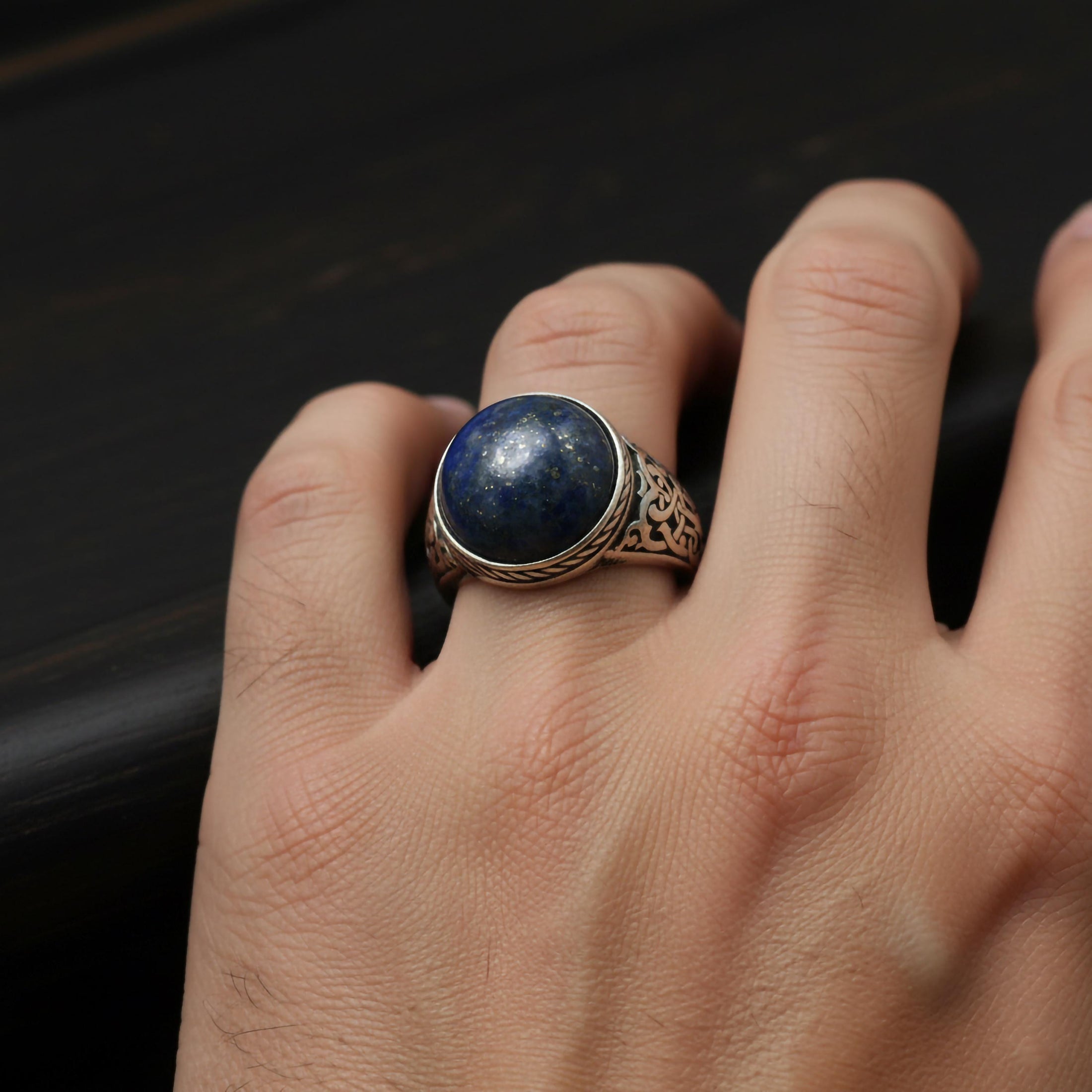 Round Gemstone Men’s Ring – 925 Sterling Silver Vintage Ring with Lapis Lazuli, Tiger’s Eye, Green Aventurine & Red Agate