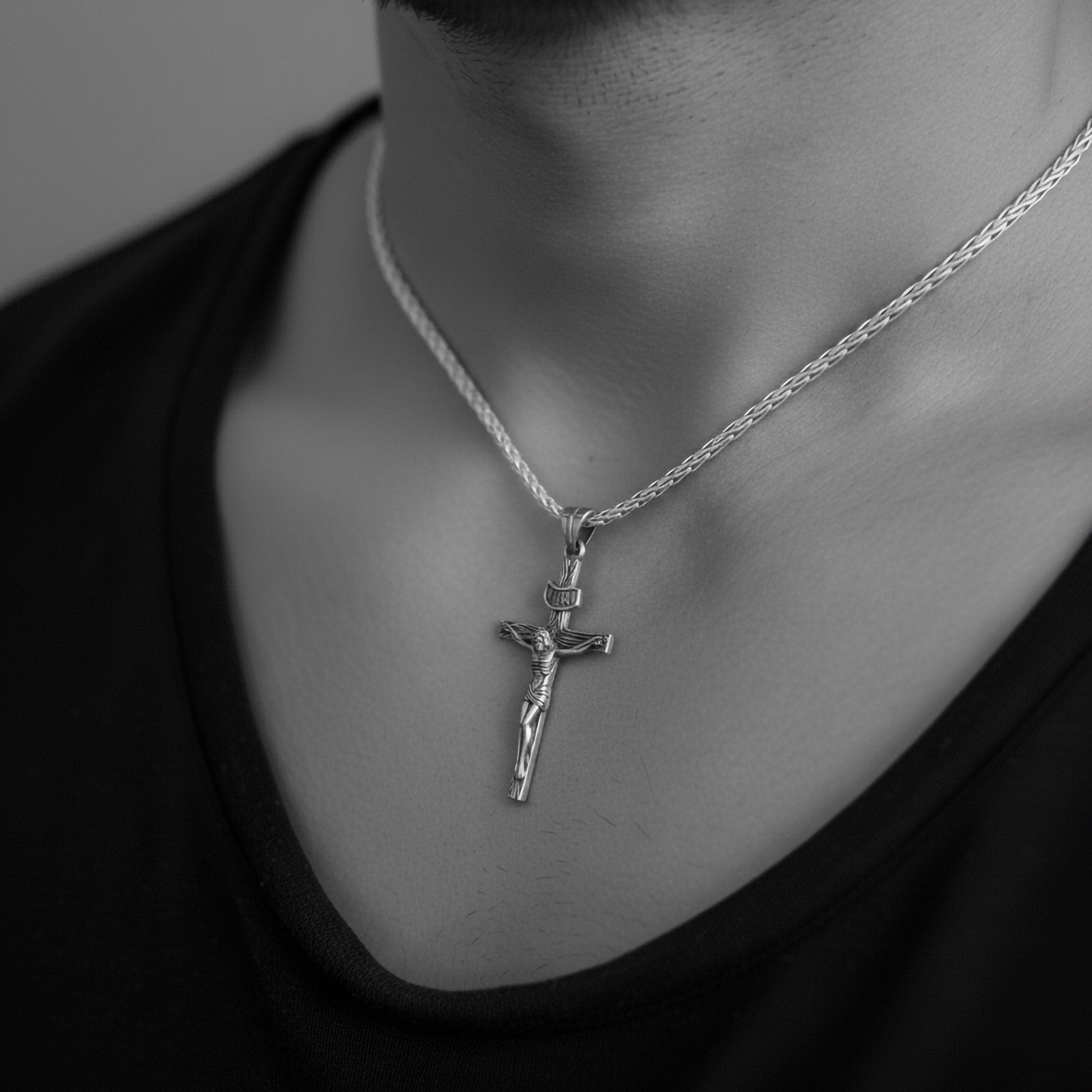 Crucifix Jesus Pendant – 925 Sterling Silver Cross Necklace, INRI Christian Jewelry, Catholic Faith Gift for Men