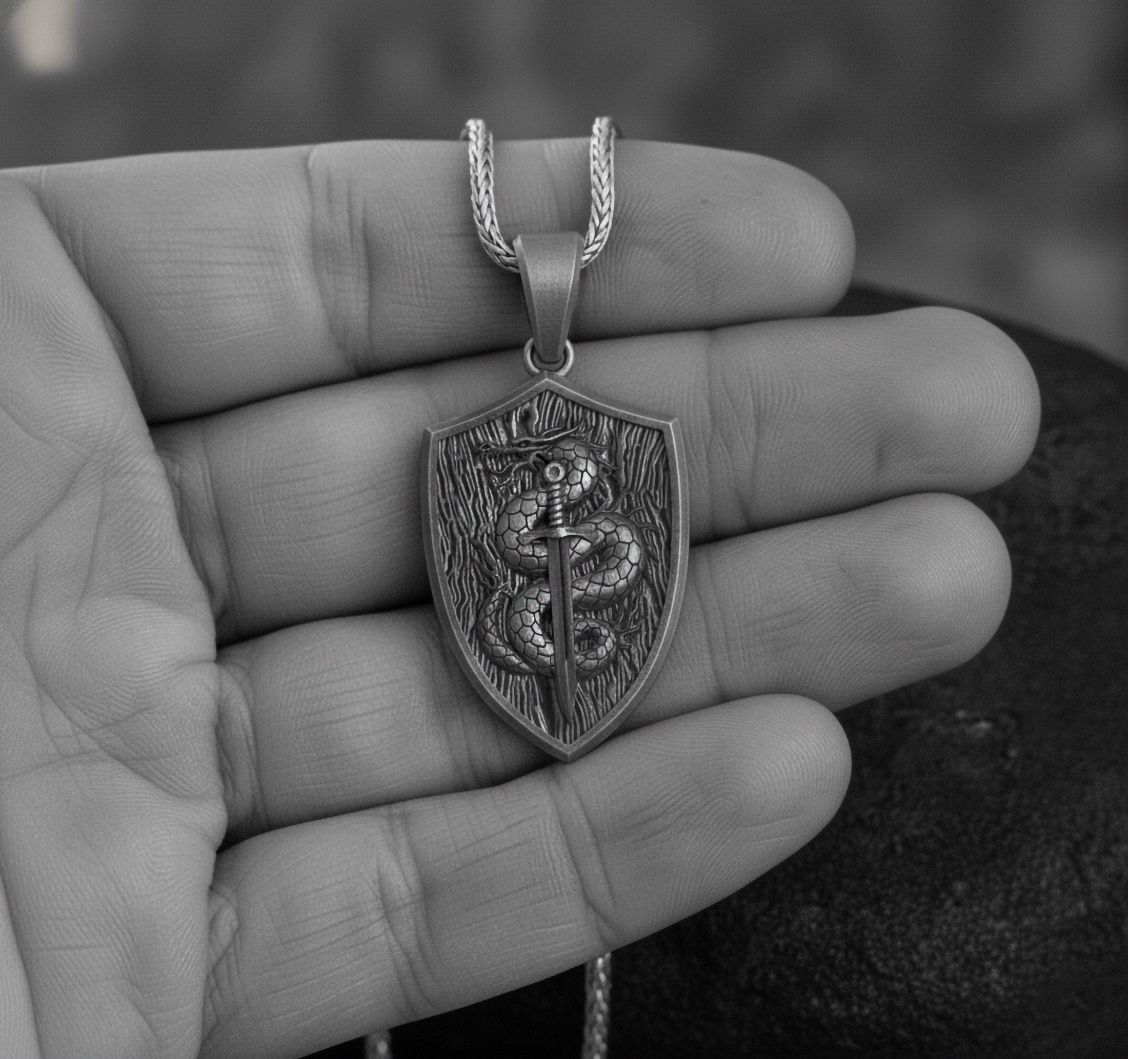 Sword and Serpent Shield Pendant – 925 Silver Medieval Knight Necklace, Protection Amulet for Men