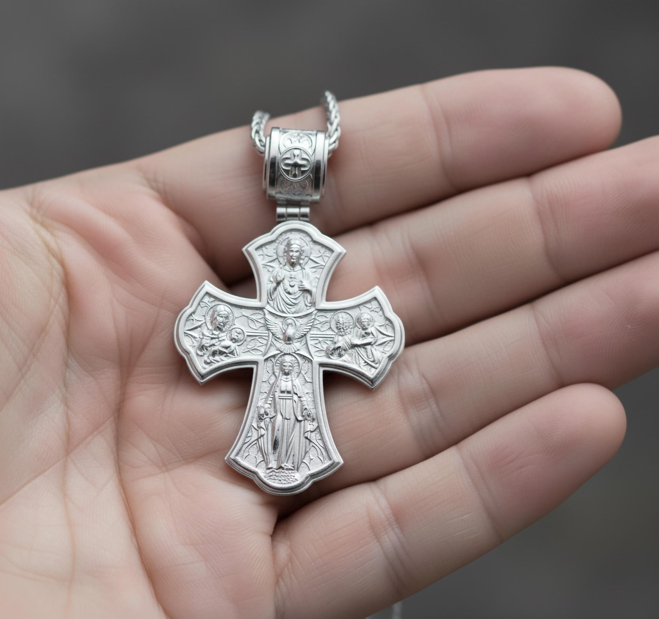 Holy Trinity Cross Pendant – 925 Sterling Silver Jesus and Virgin Mary Necklace, Catholic Devotional Jewelry