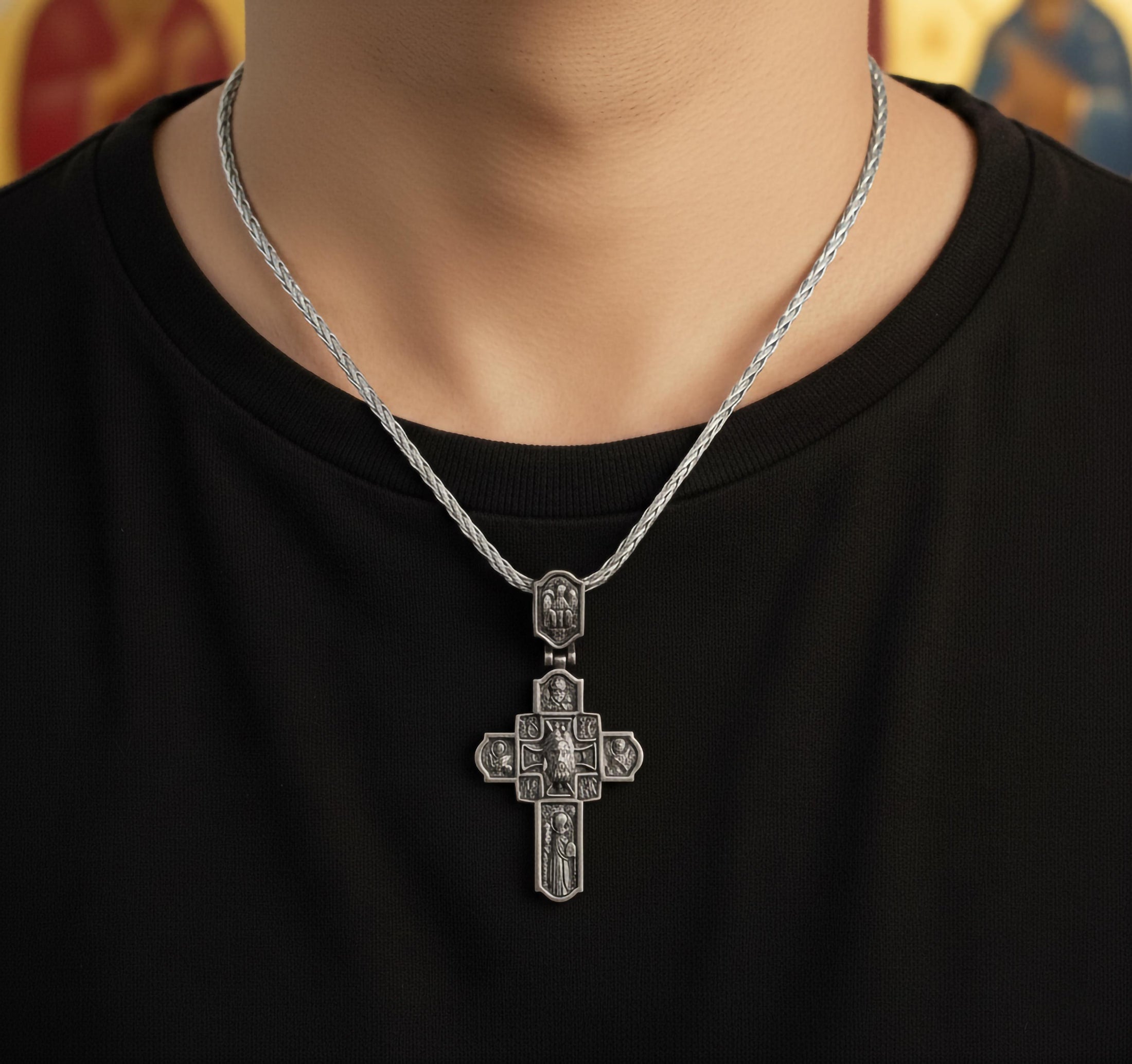 Orthodox Cross Pendant – 925 Sterling Silver Jesus and Archangel Necklace, Christian Faith Jewelry for Men