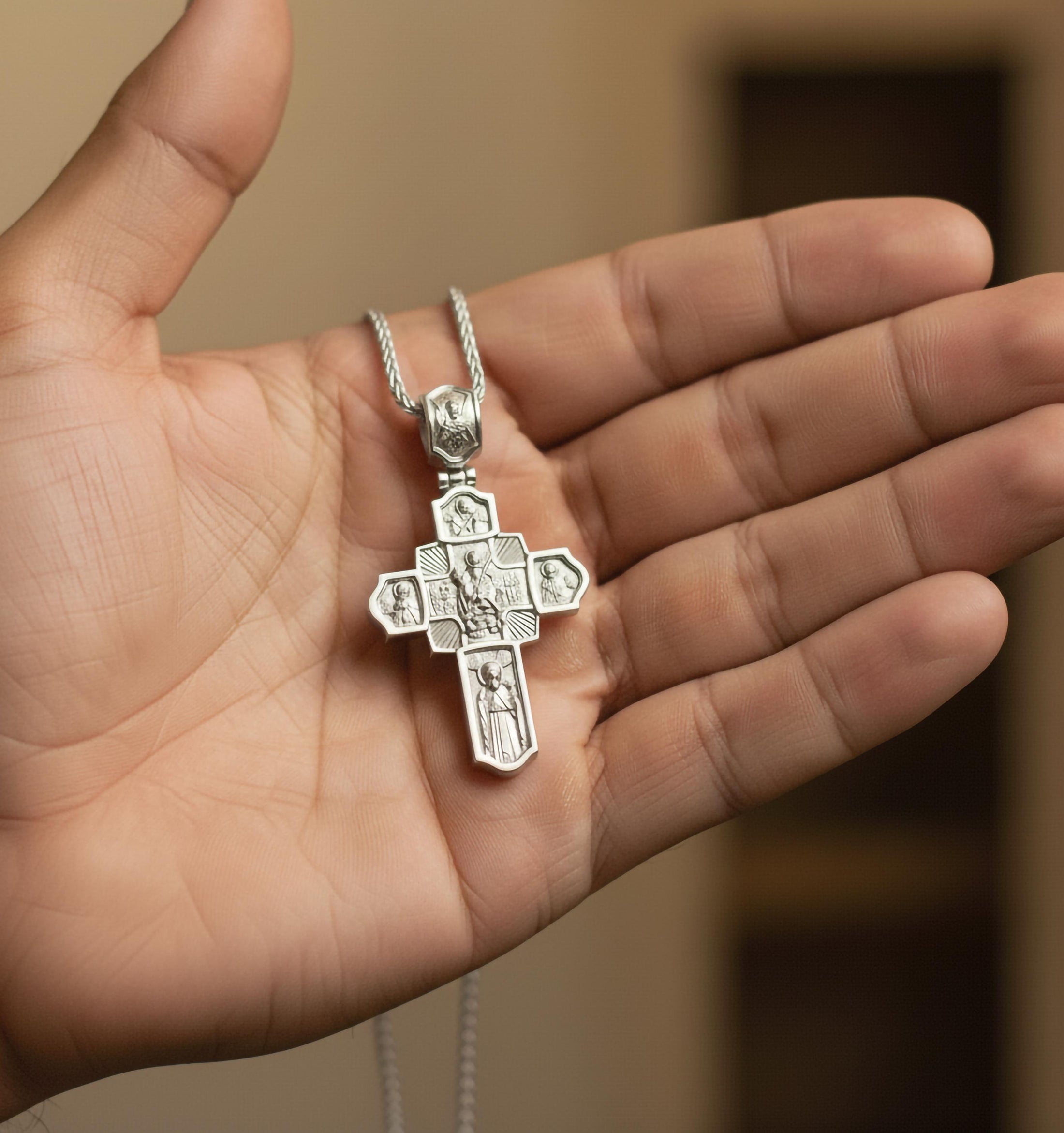 Orthodox Cross Pendant – 925 Sterling Silver Jesus and Archangel Necklace, Christian Faith Jewelry for Men